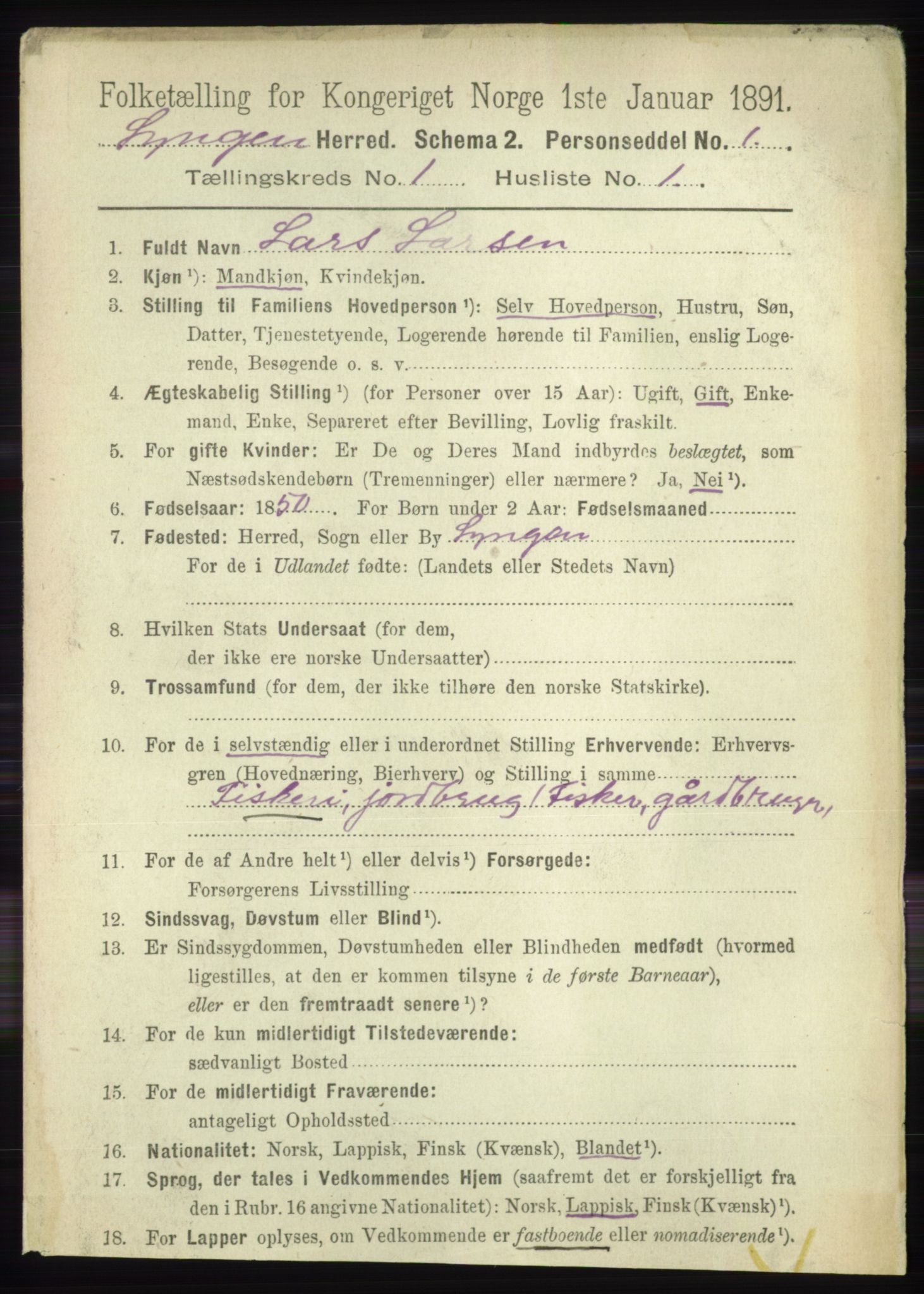 RA, 1891 census for 1938 Lyngen, 1891, p. 274