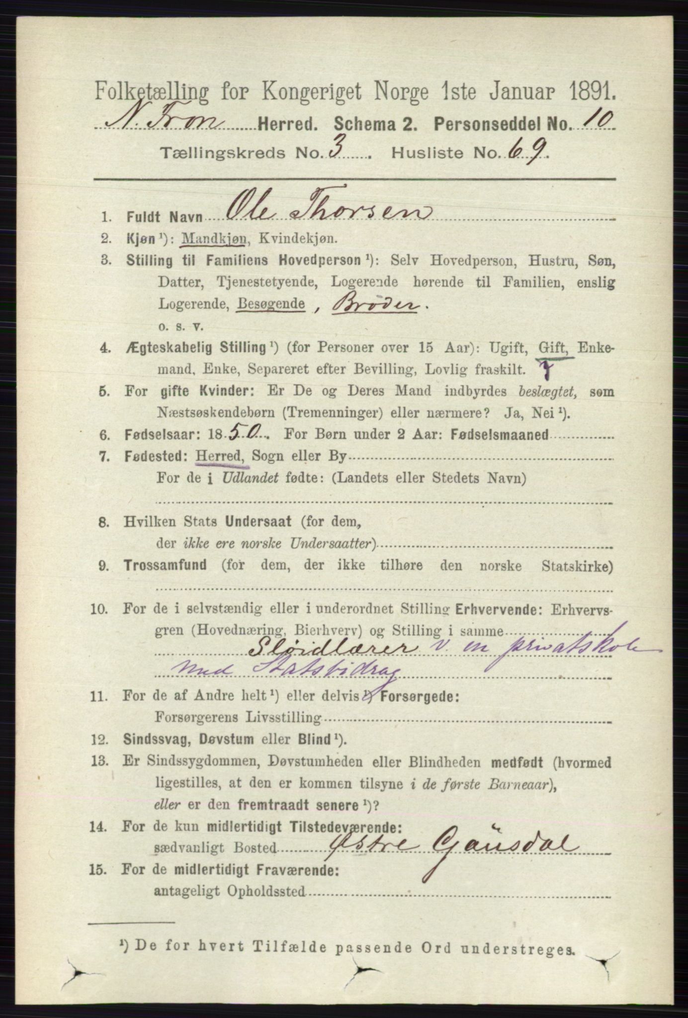 RA, 1891 census for 0518 Nord-Fron, 1891, p. 1282