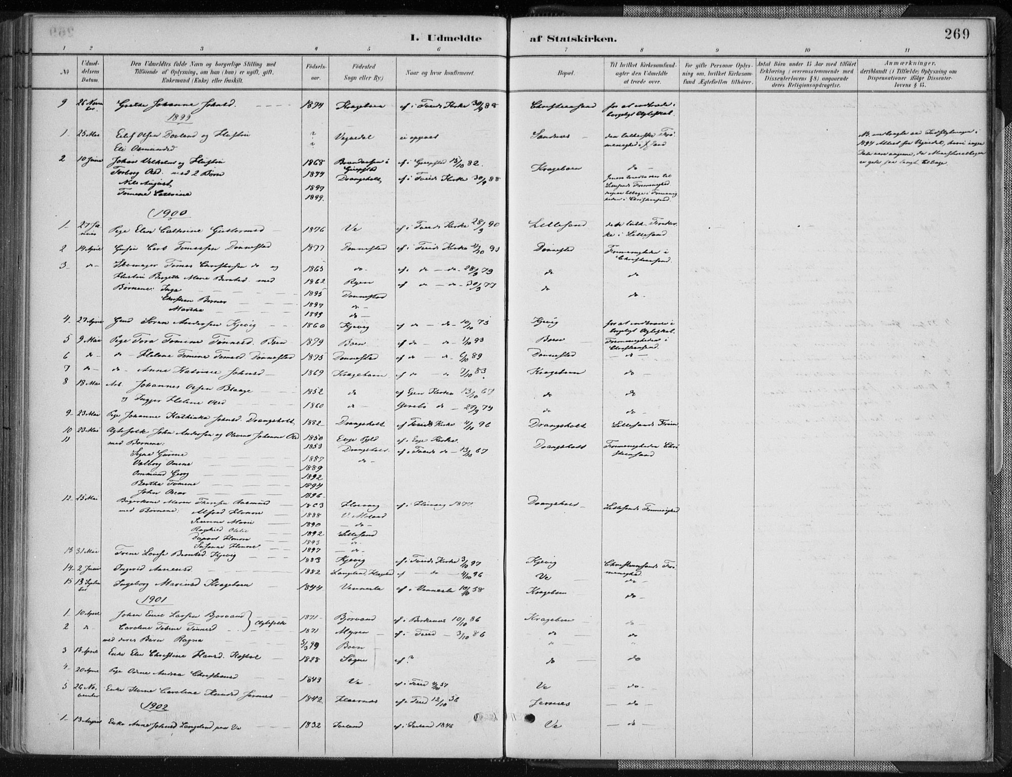 Tveit sokneprestkontor, SAK/1111-0043/F/Fa/L0007: Parish register (official) no. A 7, 1887-1908, p. 269