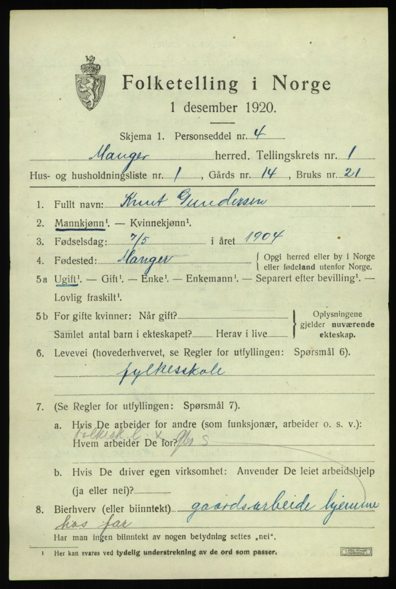 SAB, 1920 census for Manger, 1920, p. 1469