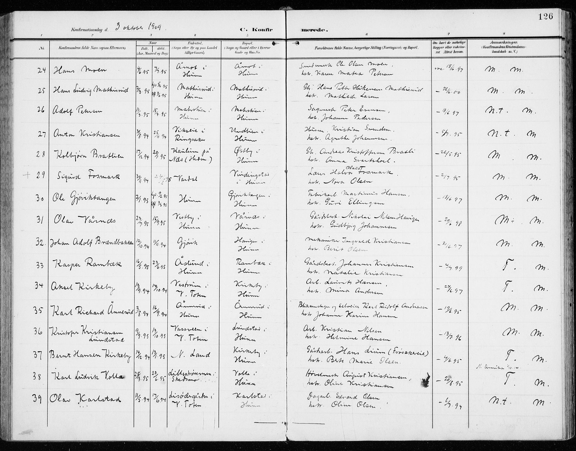 Vardal prestekontor, SAH/PREST-100/H/Ha/Haa/L0016: Parish register (official) no. 16, 1904-1916, p. 126