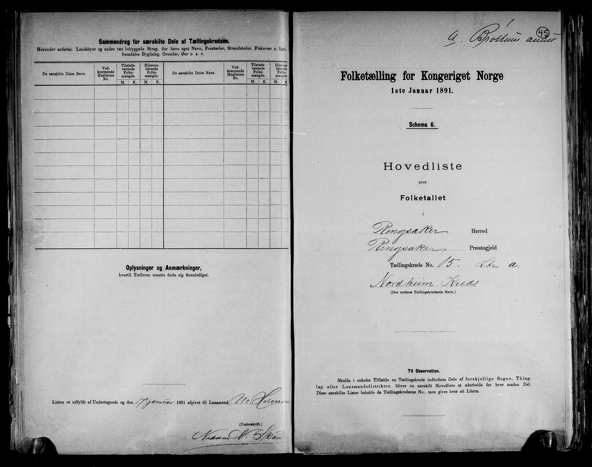 RA, 1891 census for 0412 Ringsaker, 1891, p. 45