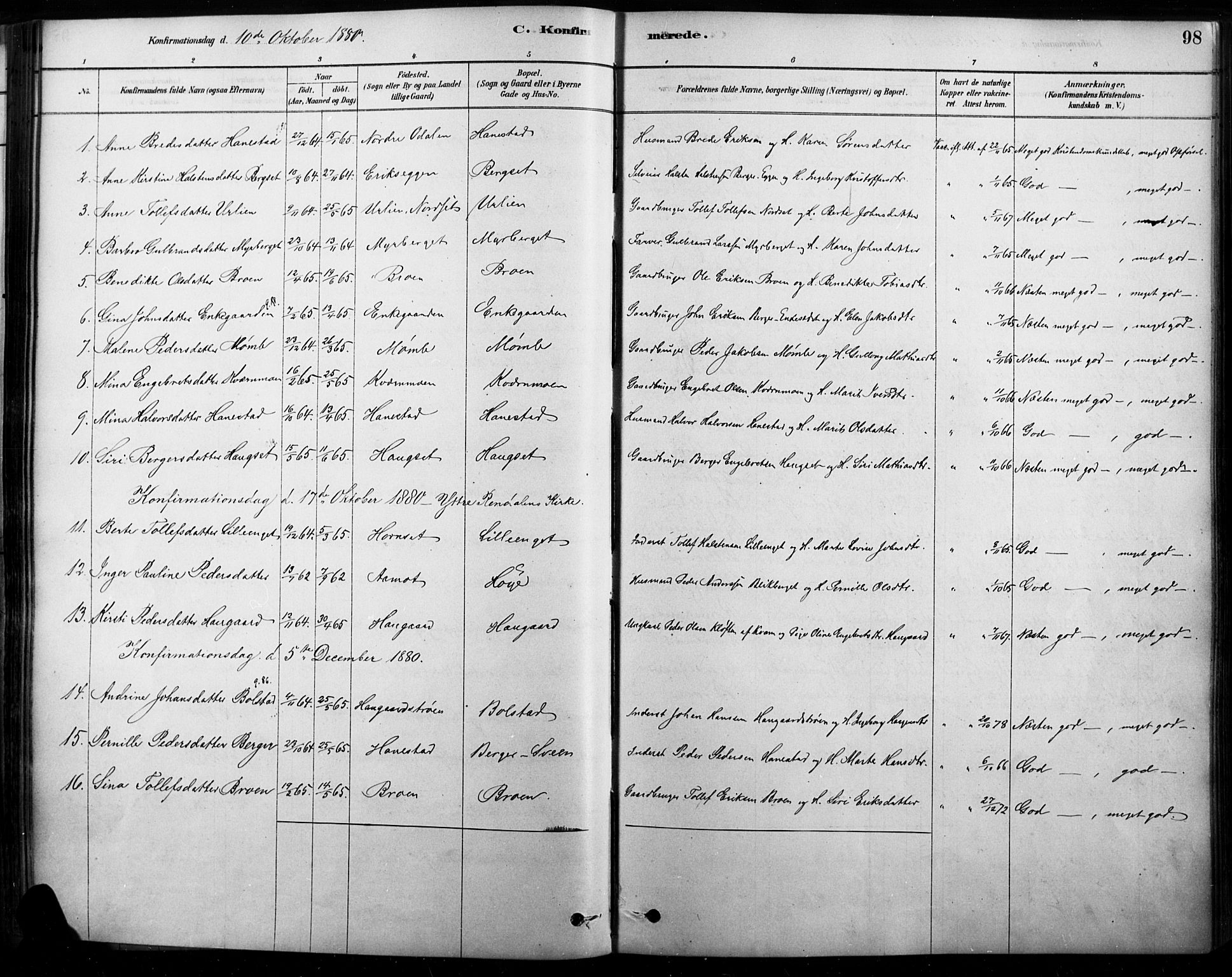 Rendalen prestekontor, SAH/PREST-054/H/Ha/Haa/L0009: Parish register (official) no. 9, 1878-1901, p. 98