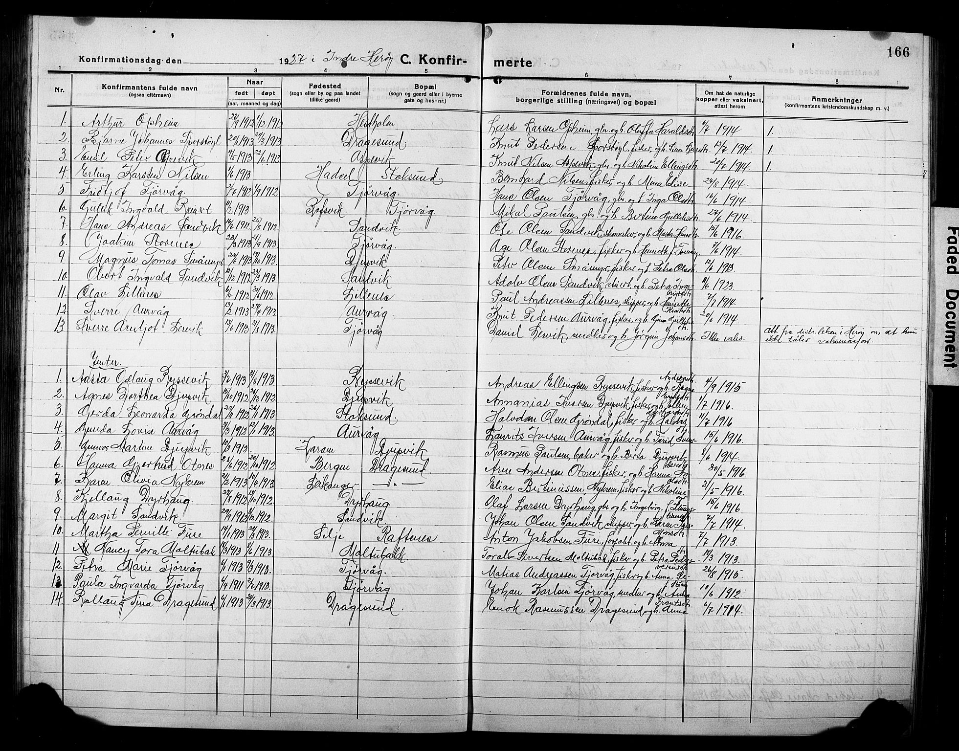 Ministerialprotokoller, klokkerbøker og fødselsregistre - Møre og Romsdal, AV/SAT-A-1454/507/L0084: Parish register (copy) no. 507C07, 1919-1932, p. 166