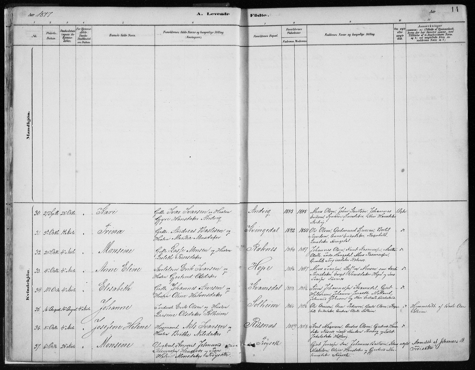 Masfjorden Sokneprestembete, AV/SAB-A-77001: Parish register (official) no. B  1, 1876-1899, p. 14