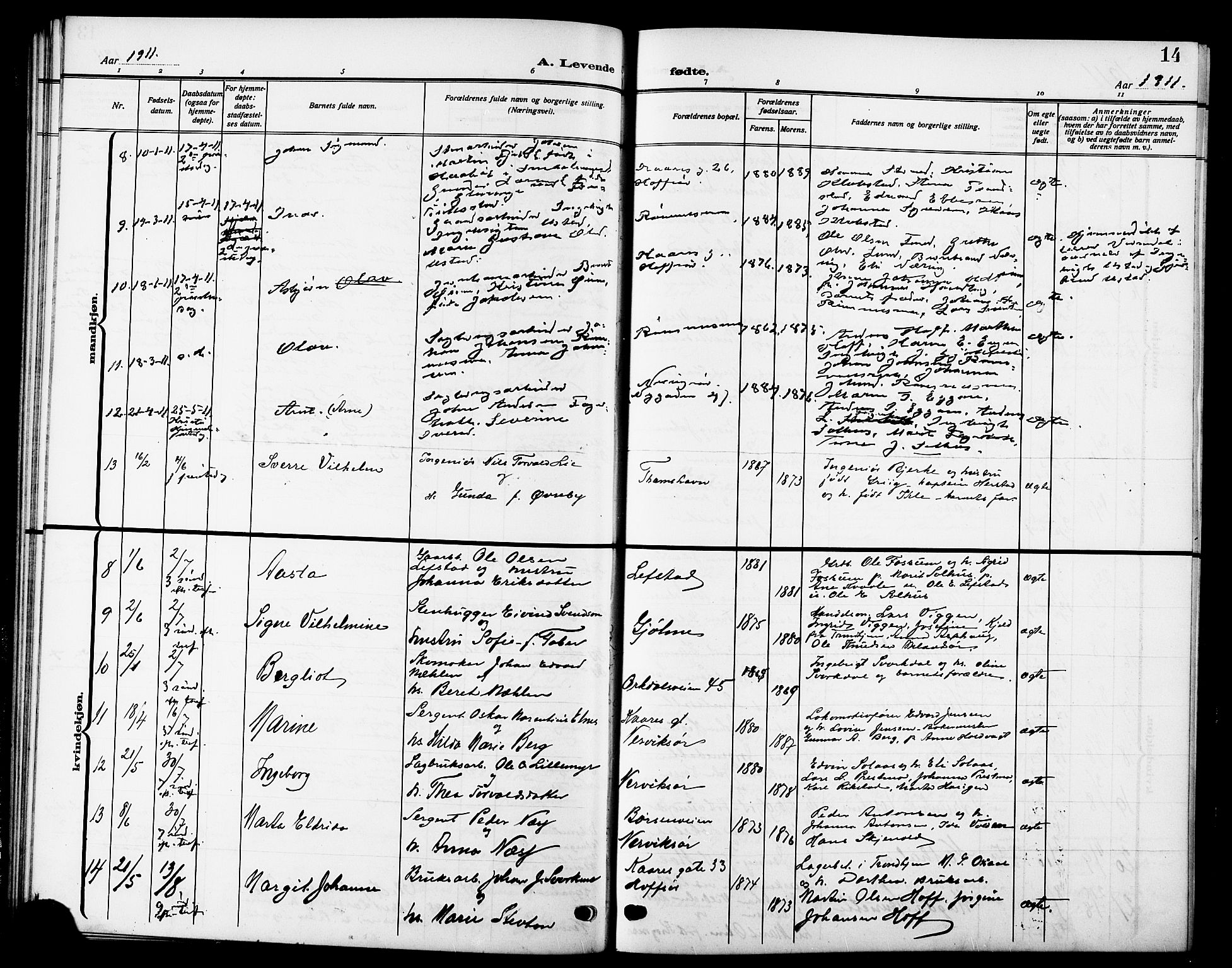 Ministerialprotokoller, klokkerbøker og fødselsregistre - Sør-Trøndelag, SAT/A-1456/669/L0831: Parish register (copy) no. 669C01, 1909-1924, p. 14