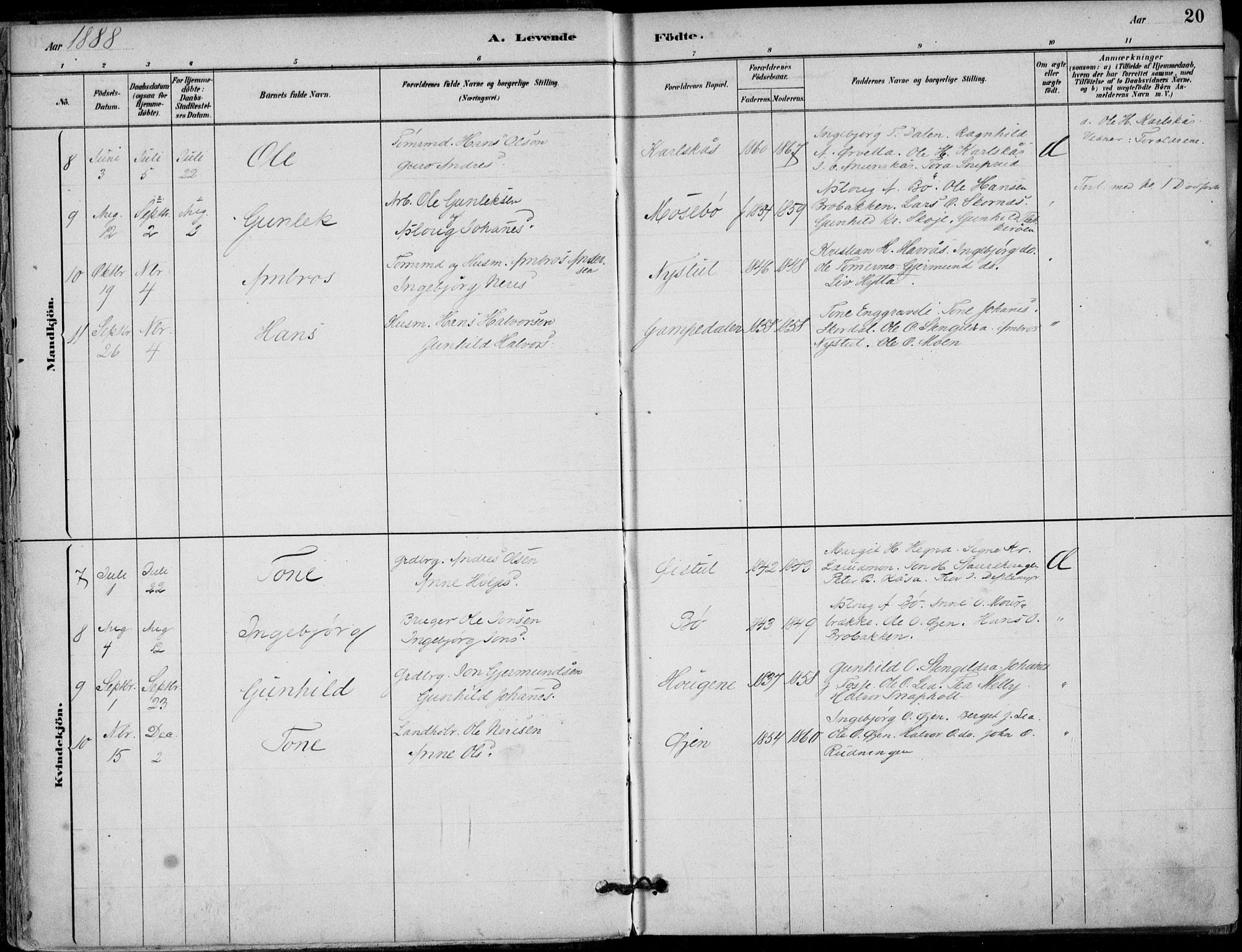Hjartdal kirkebøker, SAKO/A-270/F/Fb/L0002: Parish register (official) no. II 2, 1880-1932, p. 20
