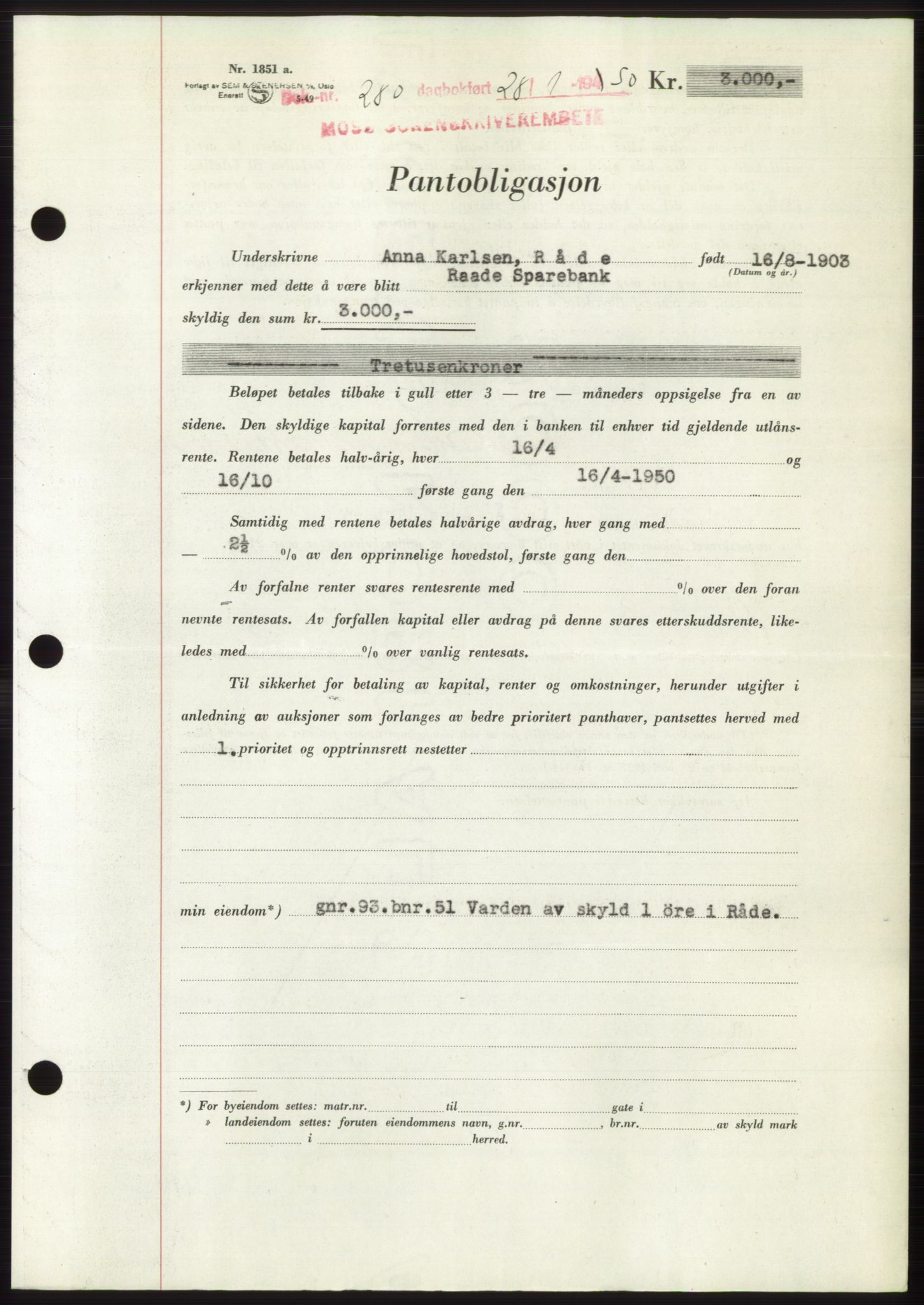 Moss sorenskriveri, SAO/A-10168: Mortgage book no. B23, 1949-1950, Diary no: : 280/1950