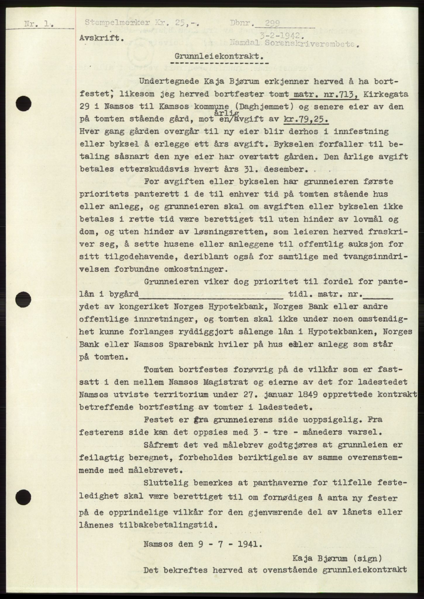 Namdal sorenskriveri, SAT/A-4133/1/2/2C: Mortgage book no. -, 1941-1942, Diary no: : 292/1942