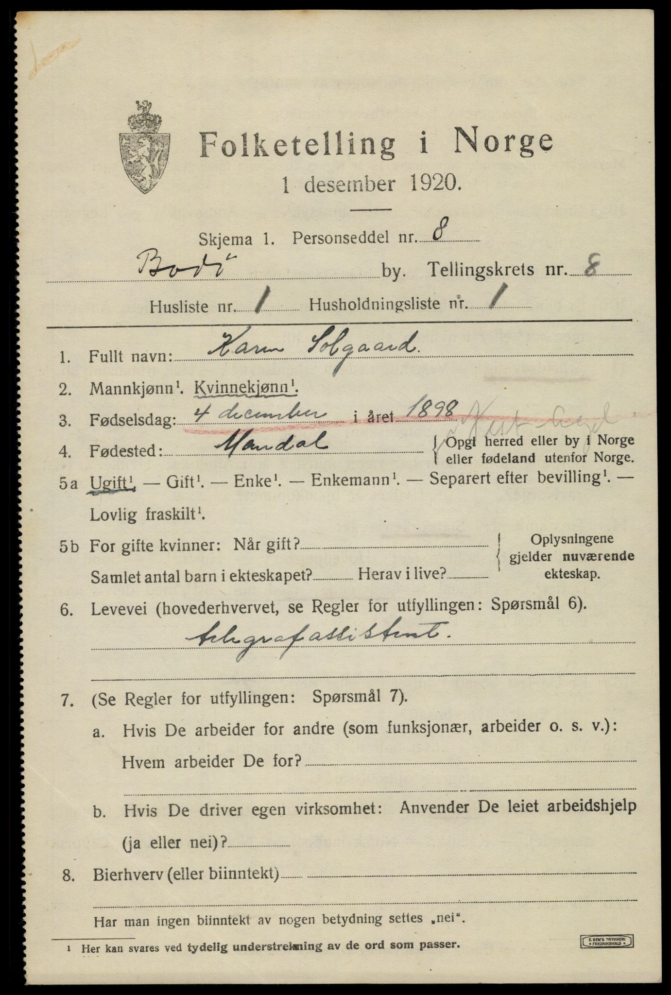 SAT, 1920 census for Bodø, 1920, p. 12145