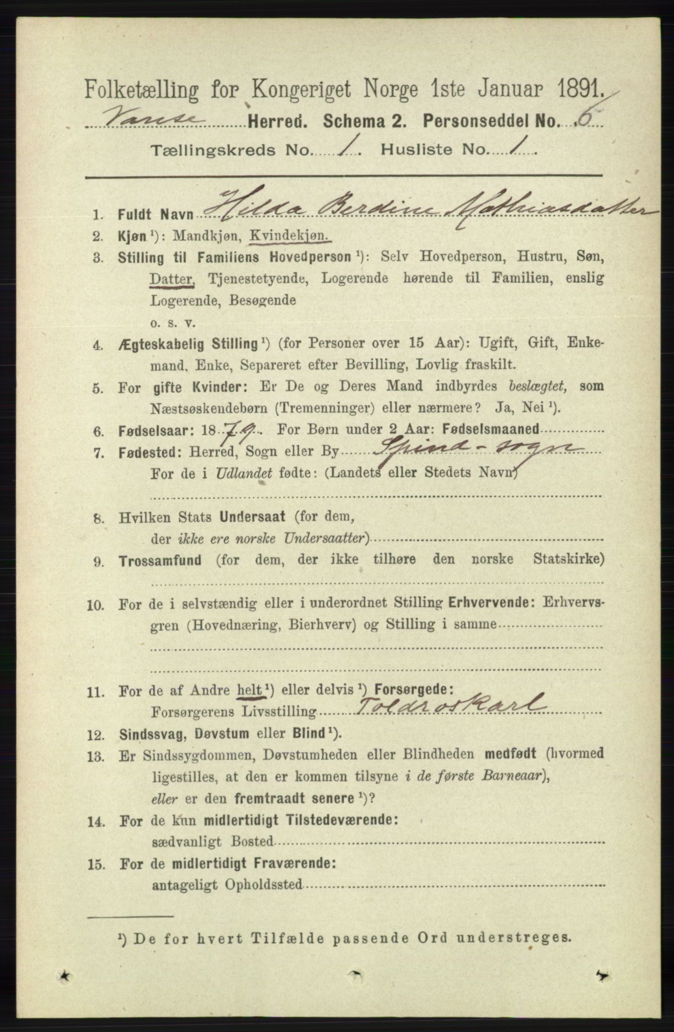 RA, 1891 census for 1041 Vanse, 1891, p. 134