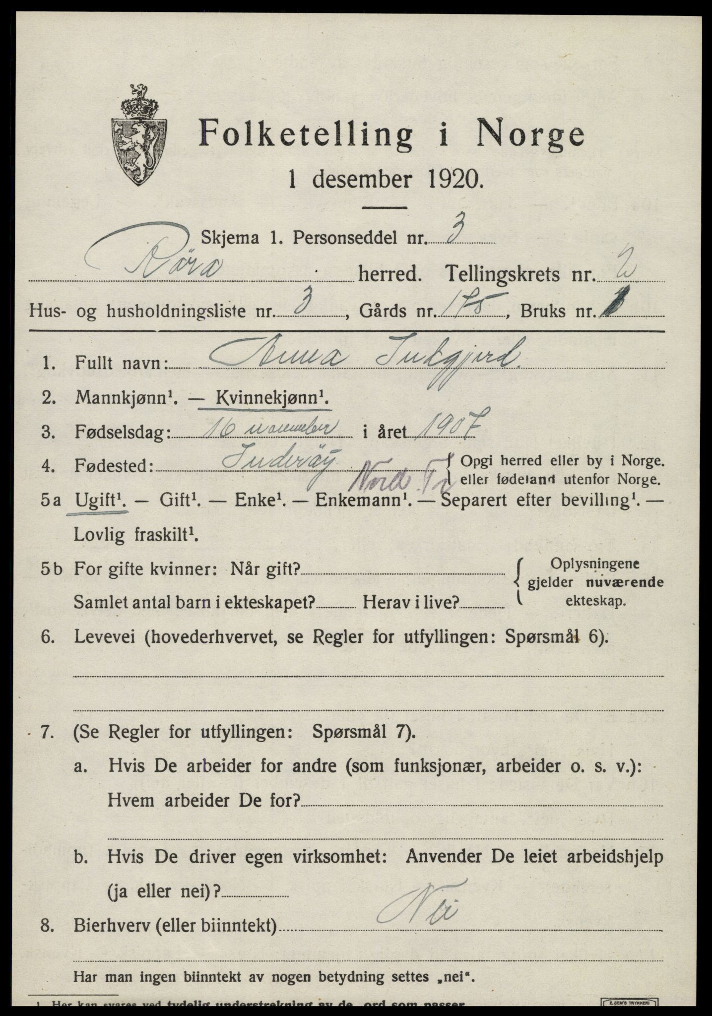 SAT, 1920 census for Røra, 1920, p. 1535