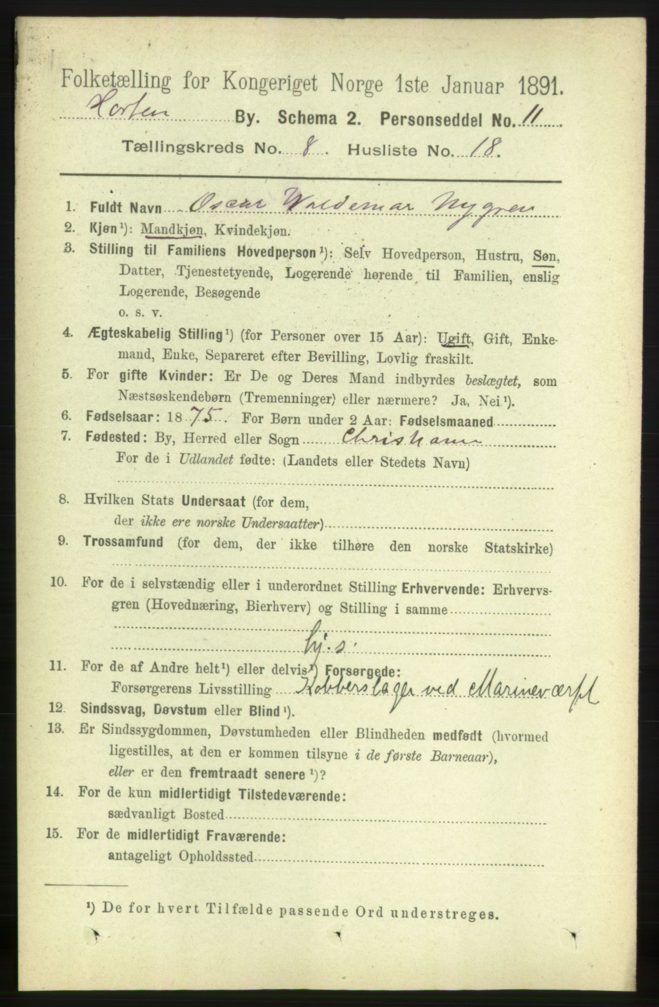 RA, 1891 census for 0703 Horten, 1891, p. 5109