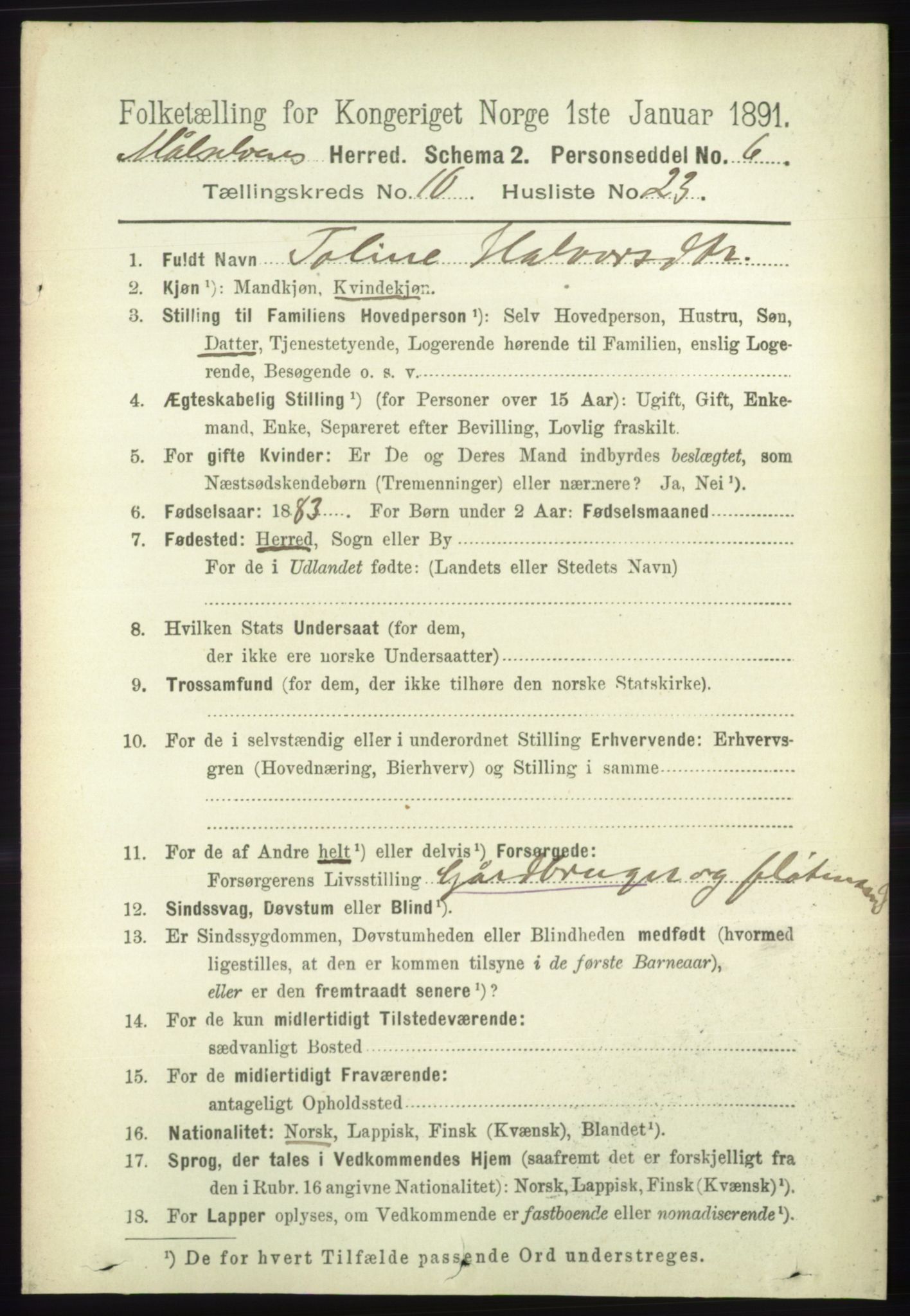 RA, 1891 census for 1924 Målselv, 1891, p. 3176
