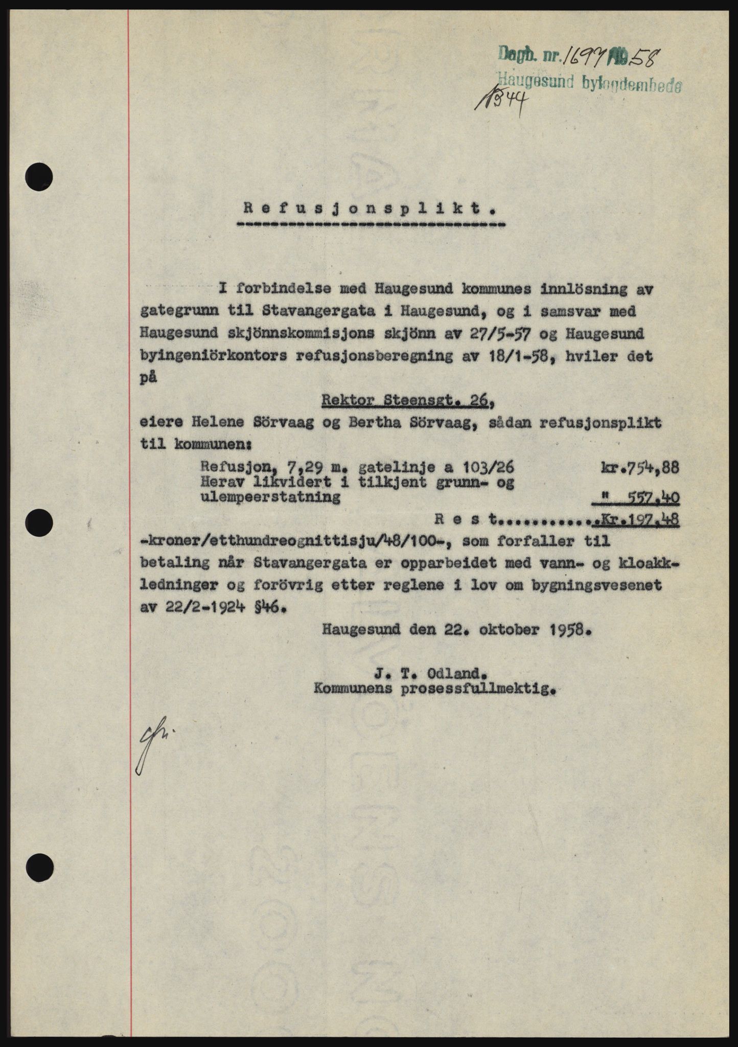 Haugesund tingrett, SAST/A-101415/01/II/IIC/L0044: Mortgage book no. B 44, 1958-1959, Diary no: : 1697/1958