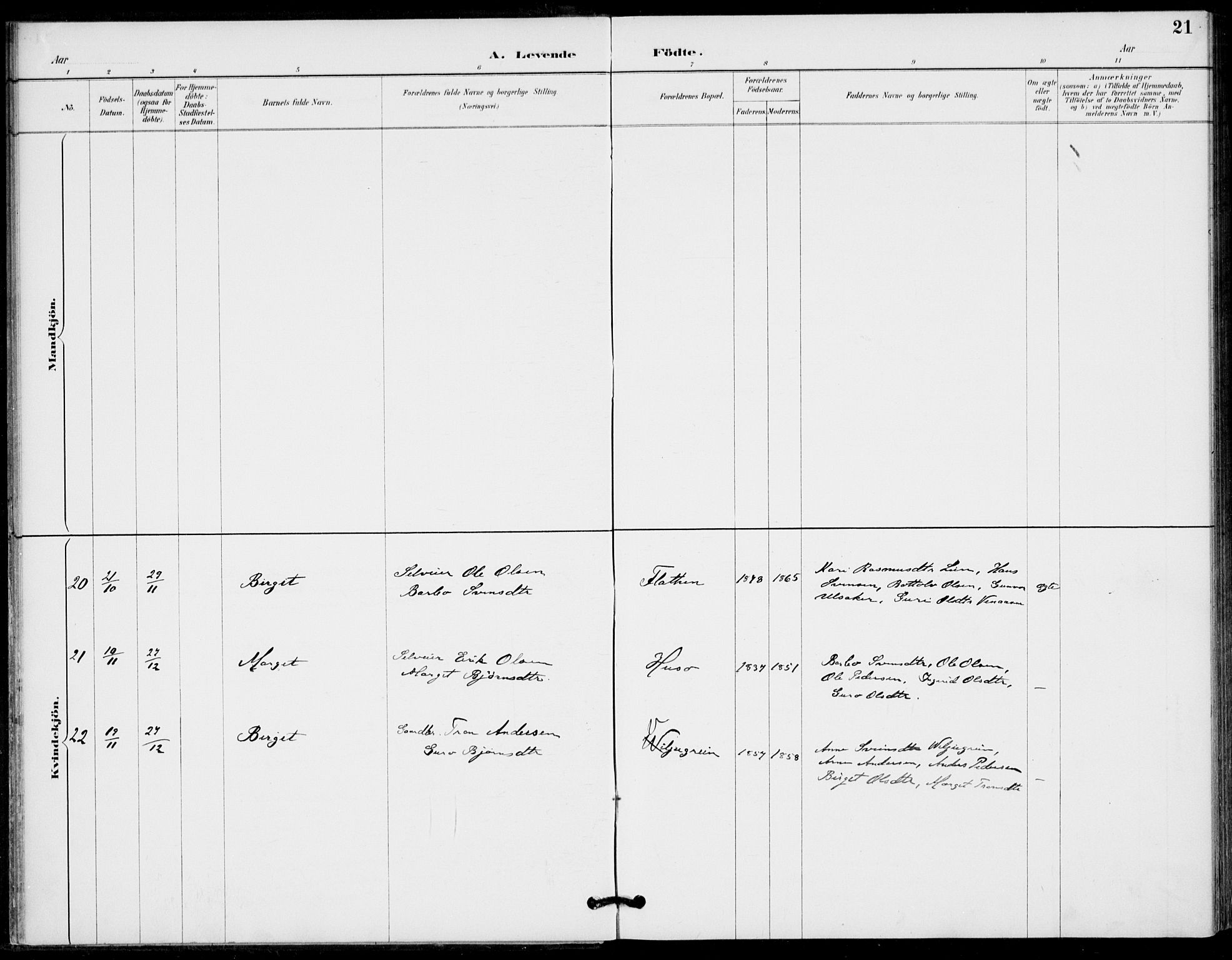 Gol kirkebøker, AV/SAKO-A-226/F/Fb/L0001: Parish register (official) no. II 1, 1887-1900, p. 21