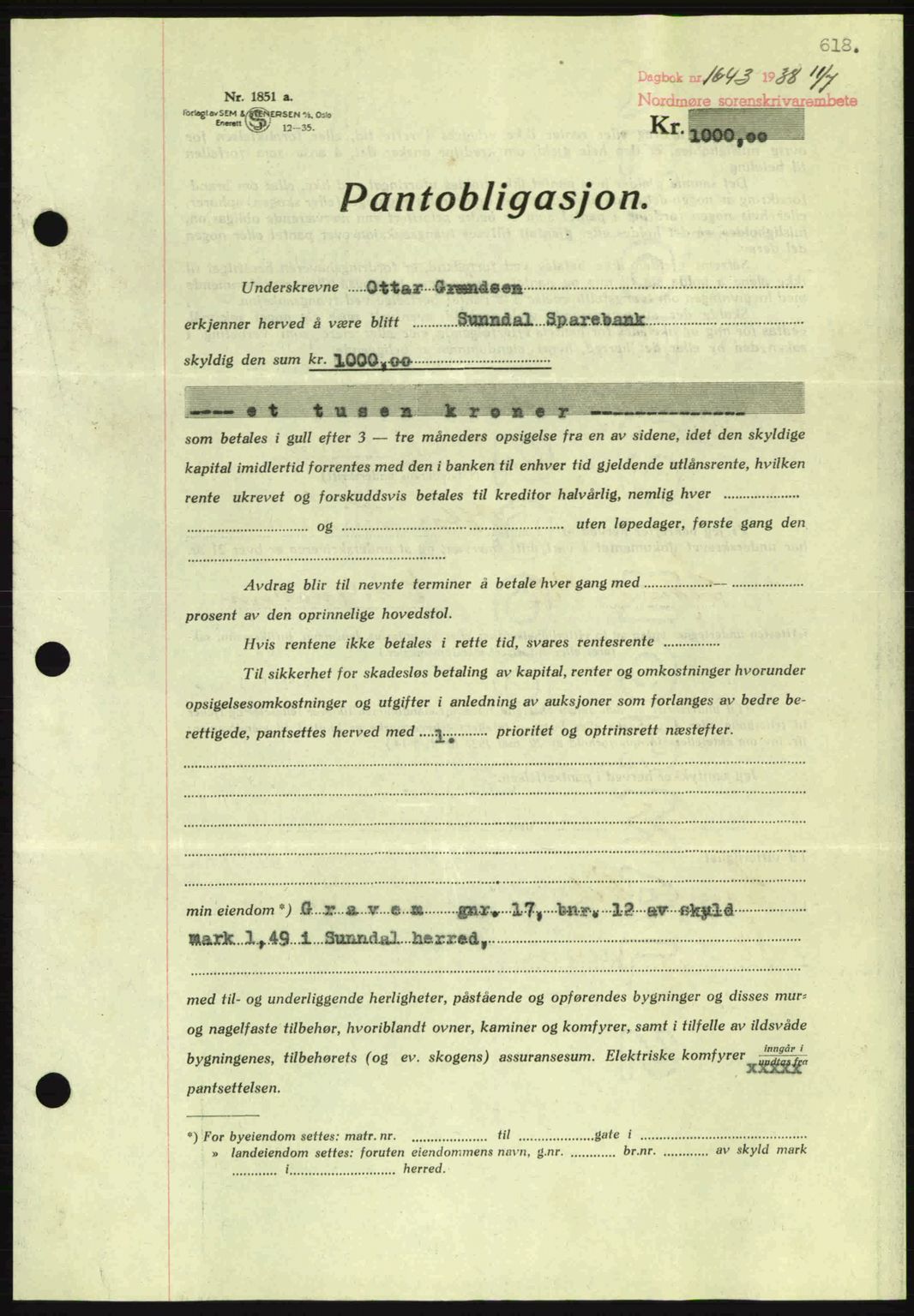 Nordmøre sorenskriveri, AV/SAT-A-4132/1/2/2Ca: Mortgage book no. B83, 1938-1938, Diary no: : 1643/1938