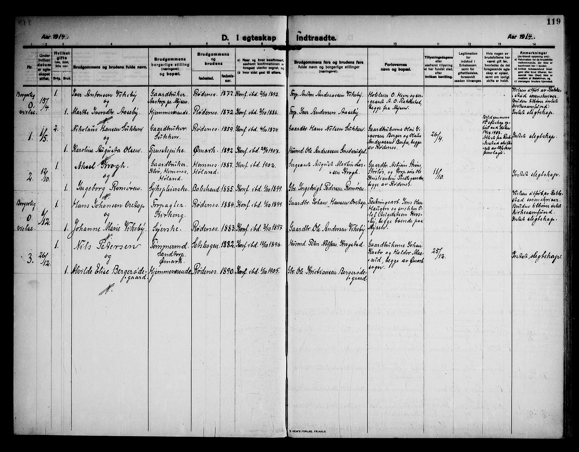 Rødenes prestekontor Kirkebøker, AV/SAO-A-2005/F/Fa/L0012: Parish register (official) no. I 12, 1911-1926, p. 119