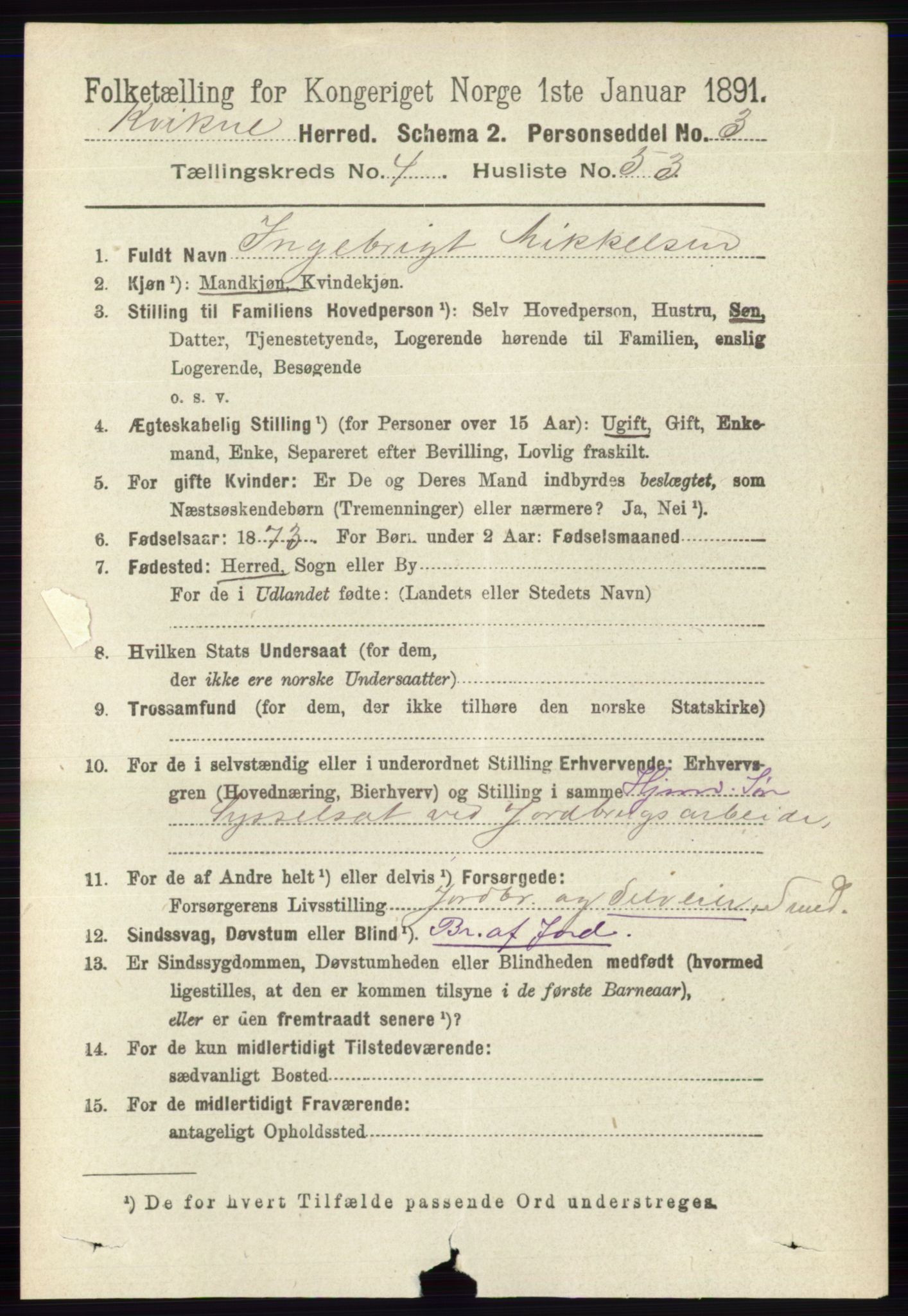 RA, 1891 census for 0440 Kvikne, 1891, p. 1284