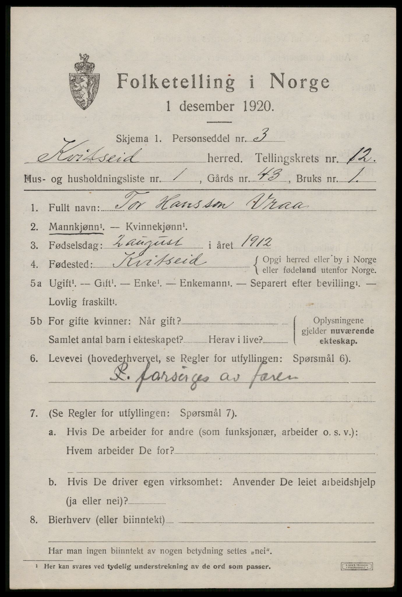 SAKO, 1920 census for Kviteseid, 1920, p. 5921