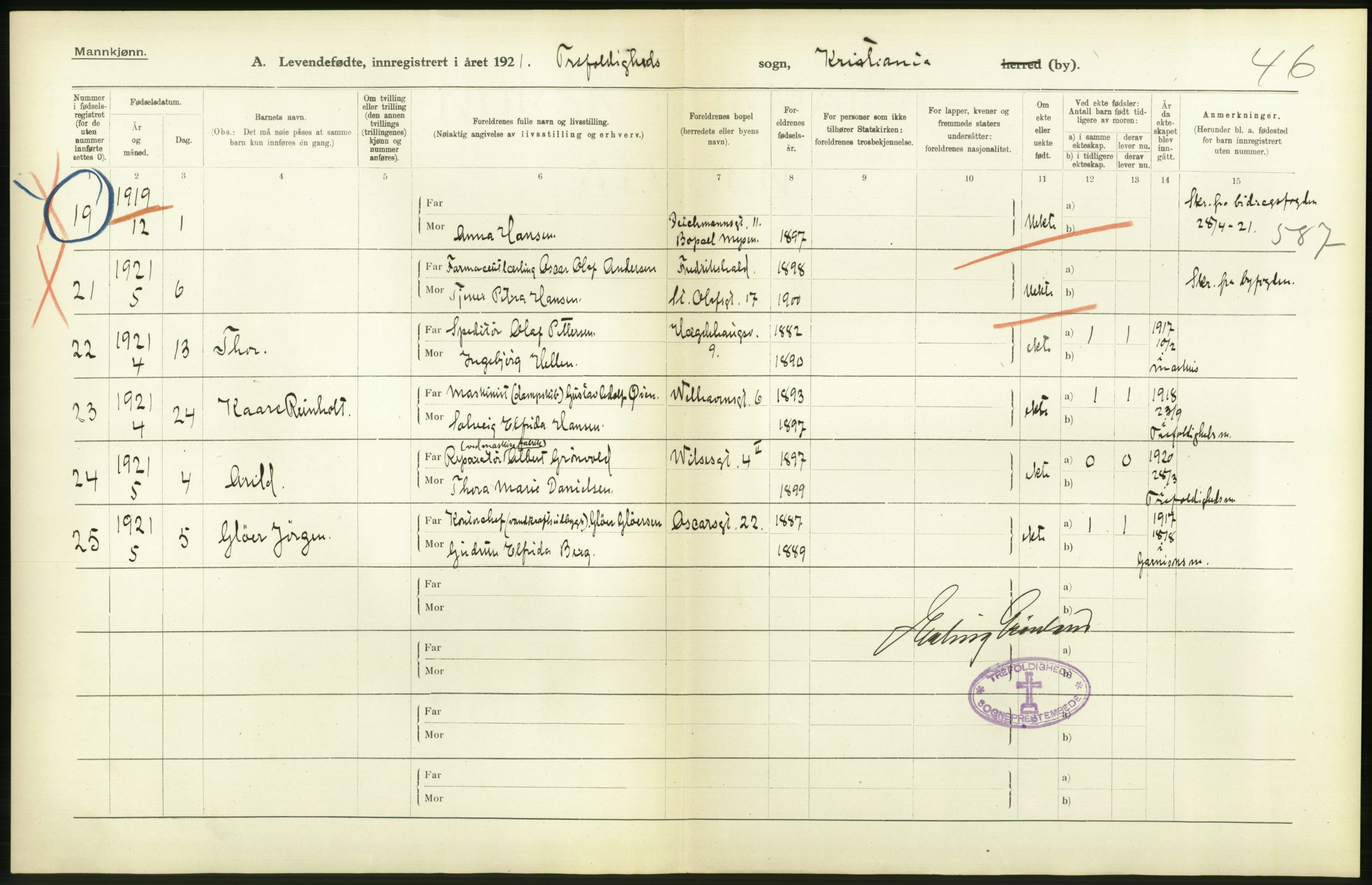 Statistisk sentralbyrå, Sosiodemografiske emner, Befolkning, RA/S-2228/D/Df/Dfc/Dfca/L0009: Kristiania: Levendefødte menn og kvinner., 1921, p. 434