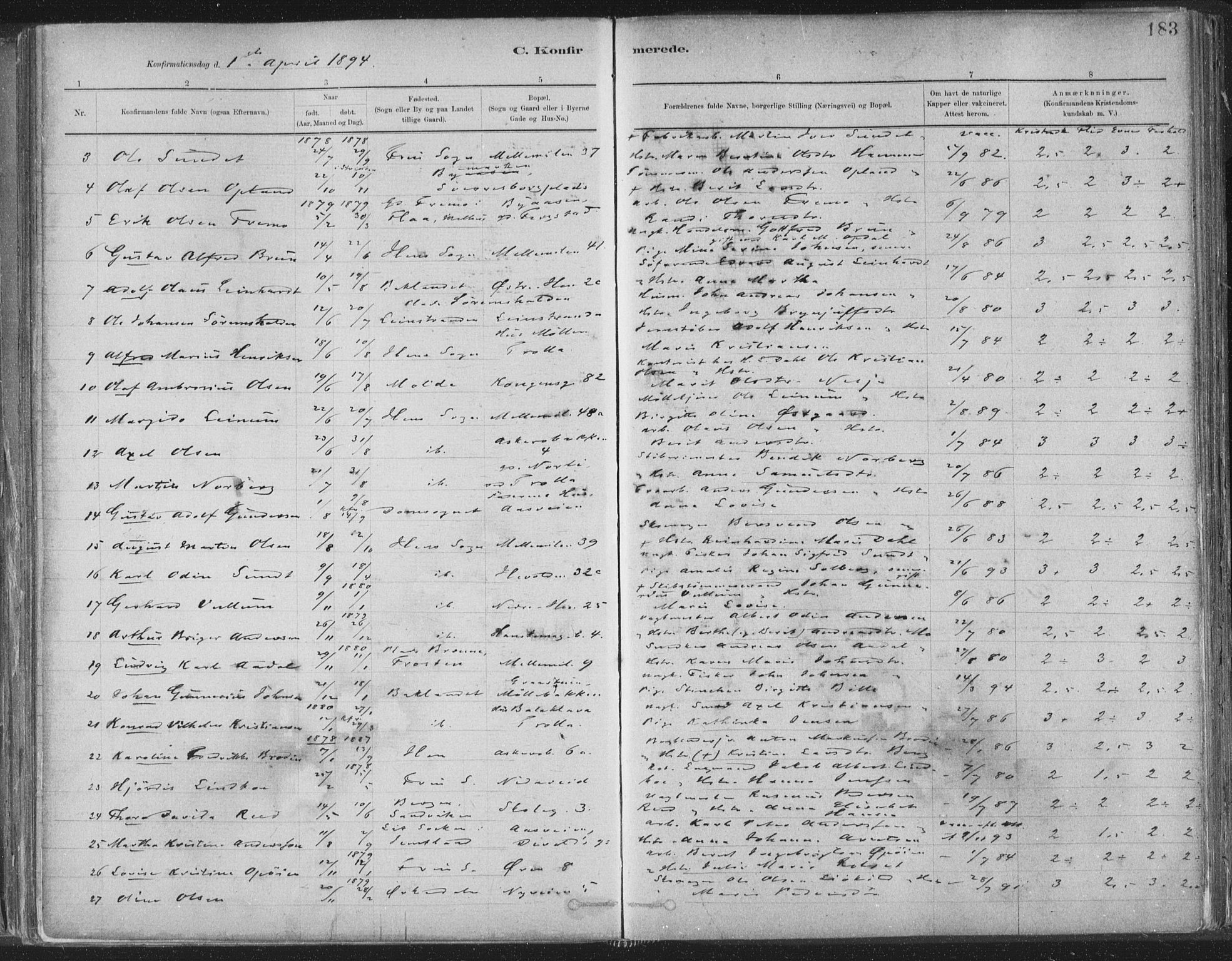 Ministerialprotokoller, klokkerbøker og fødselsregistre - Sør-Trøndelag, AV/SAT-A-1456/603/L0162: Parish register (official) no. 603A01, 1879-1895, p. 183