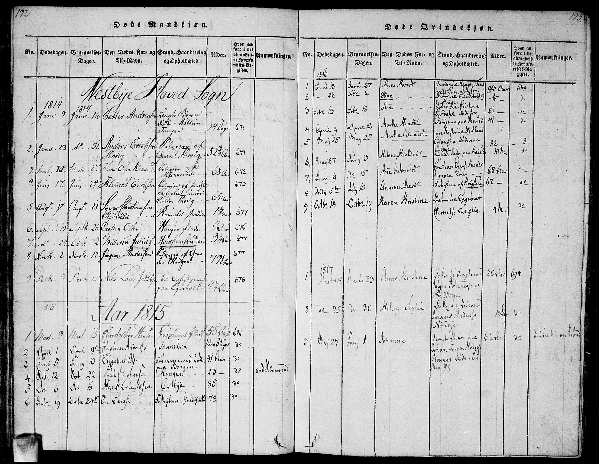 Vestby prestekontor Kirkebøker, SAO/A-10893/G/Ga/L0001: Parish register (copy) no. I 1, 1814-1827, p. 192-193
