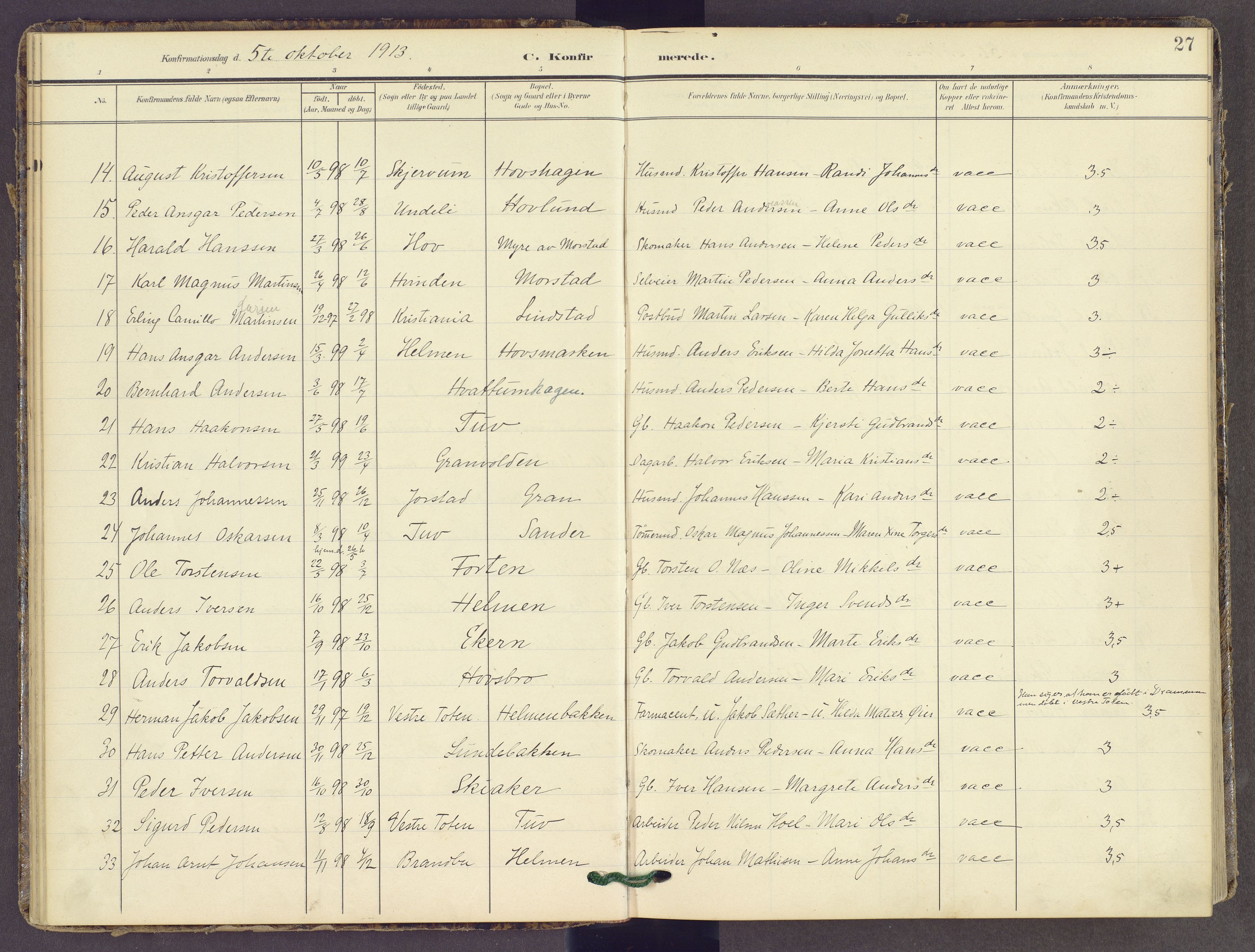 Gran prestekontor, SAH/PREST-112/H/Ha/Haa/L0022: Parish register (official) no. 22, 1908-1918, p. 27