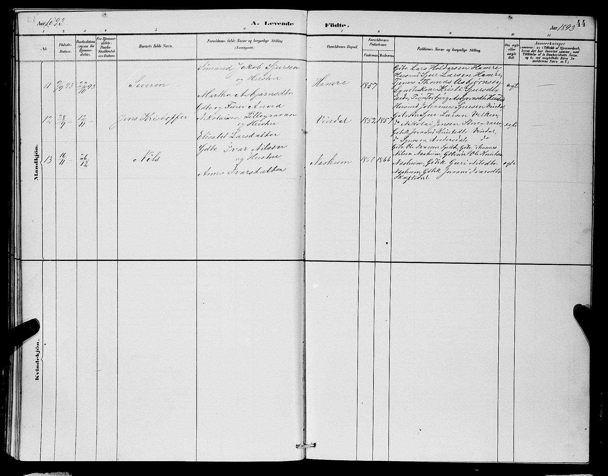 Ulvik sokneprestembete, AV/SAB-A-78801/H/Hab: Parish register (copy) no. B 3, 1884-1901, p. 44