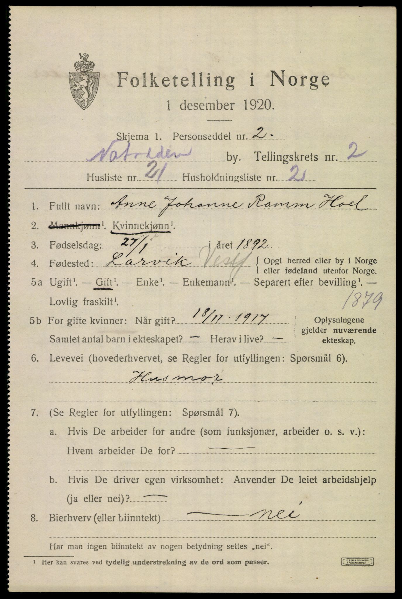 SAKO, 1920 census for Notodden, 1920, p. 6858