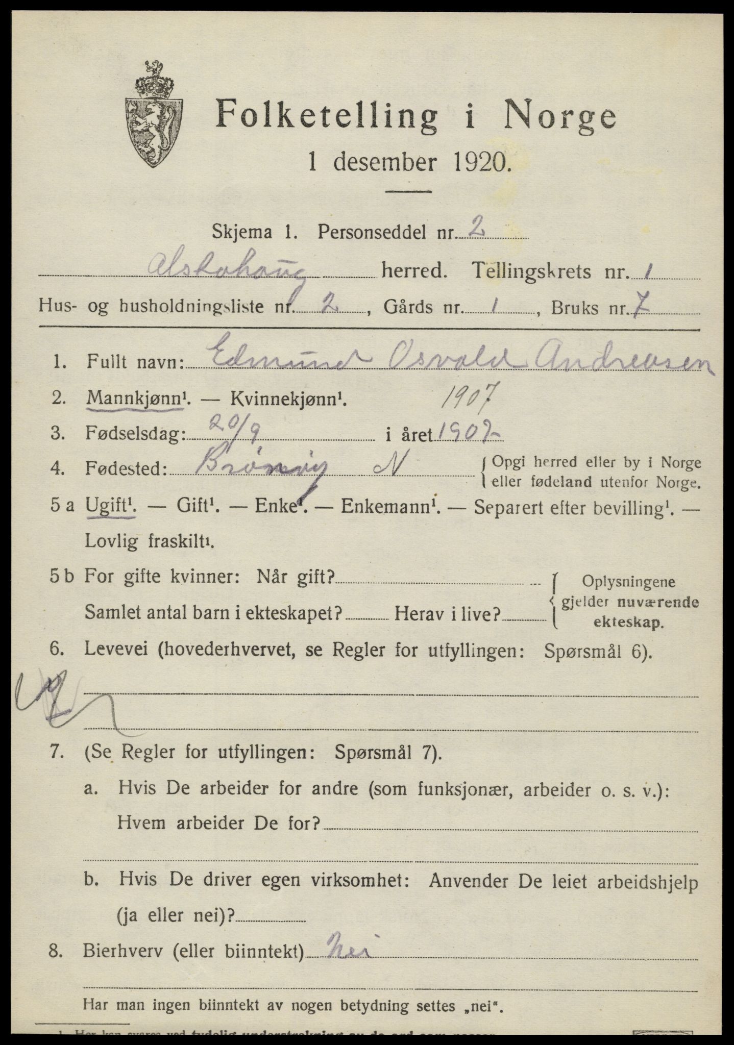 SAT, 1920 census for Alstahaug, 1920, p. 593