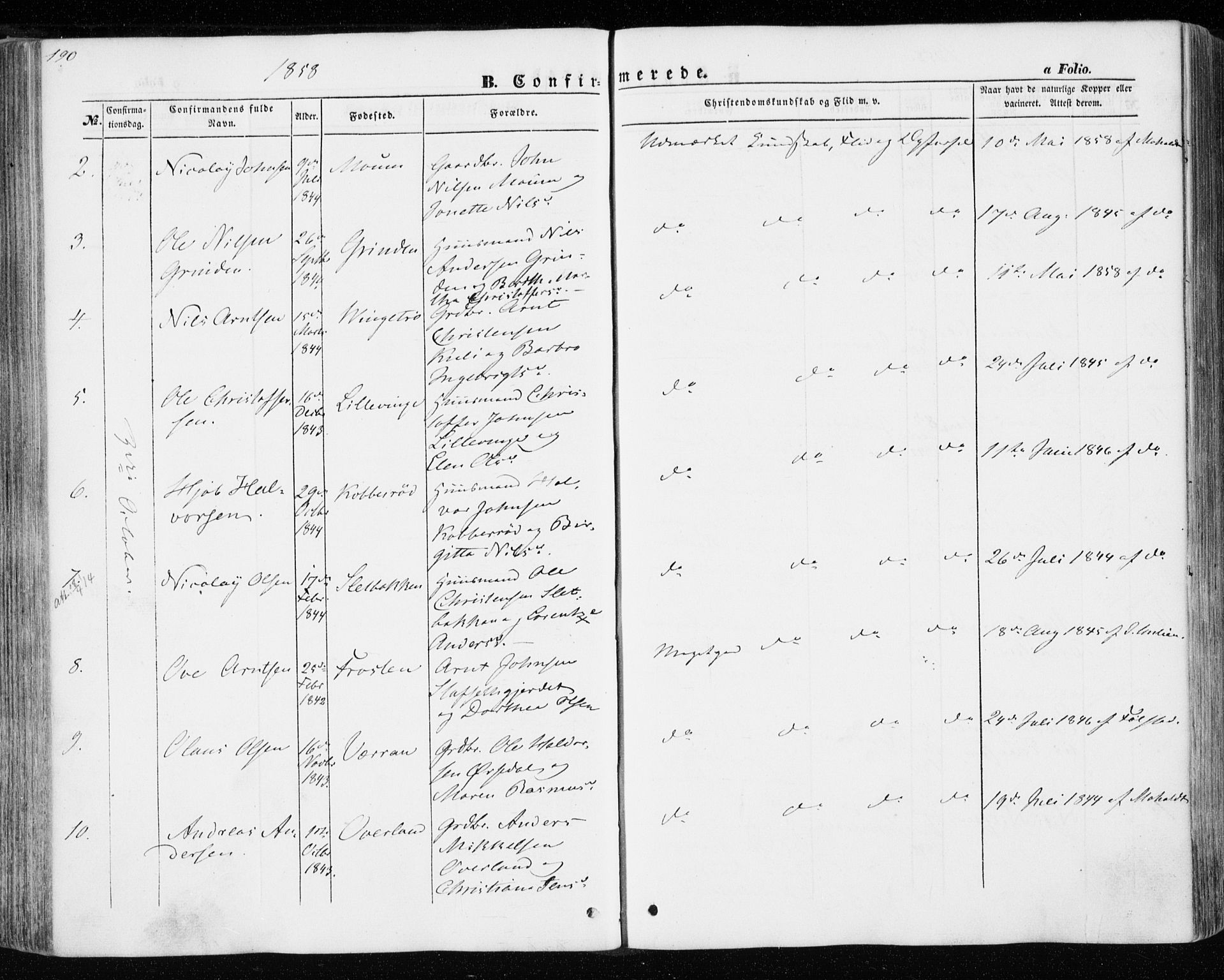 Ministerialprotokoller, klokkerbøker og fødselsregistre - Nord-Trøndelag, SAT/A-1458/701/L0008: Parish register (official) no. 701A08 /1, 1854-1863, p. 190