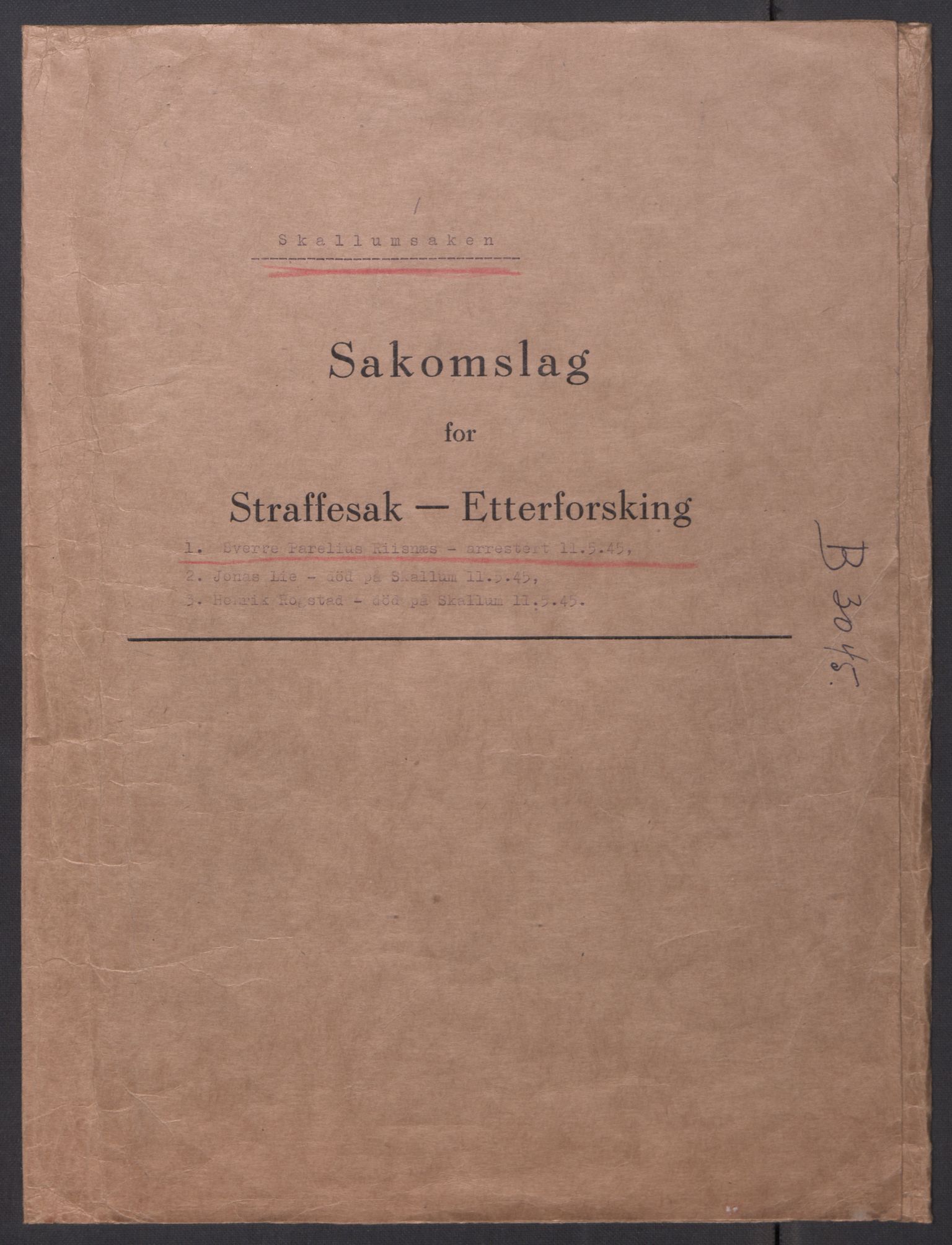 Landssvikarkivet, Oslo politikammer, RA/S-3138-01/D/Dp/L0093/0015: B-sak 3029 - 3048 / Sak 3045, 1945, p. 1
