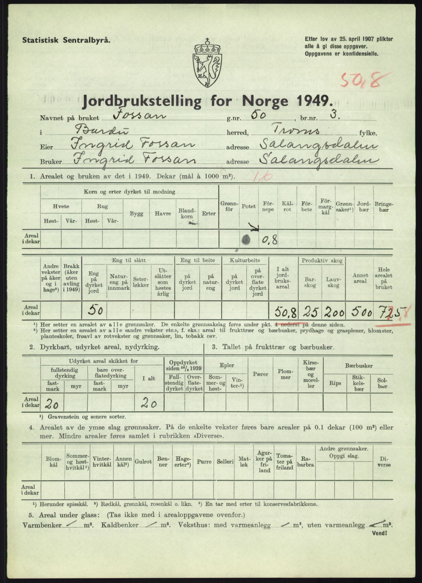 Statistisk sentralbyrå, Næringsøkonomiske emner, Jordbruk, skogbruk, jakt, fiske og fangst, AV/RA-S-2234/G/Gc/L0438: Troms: Salangen og Bardu, 1949, p. 1465