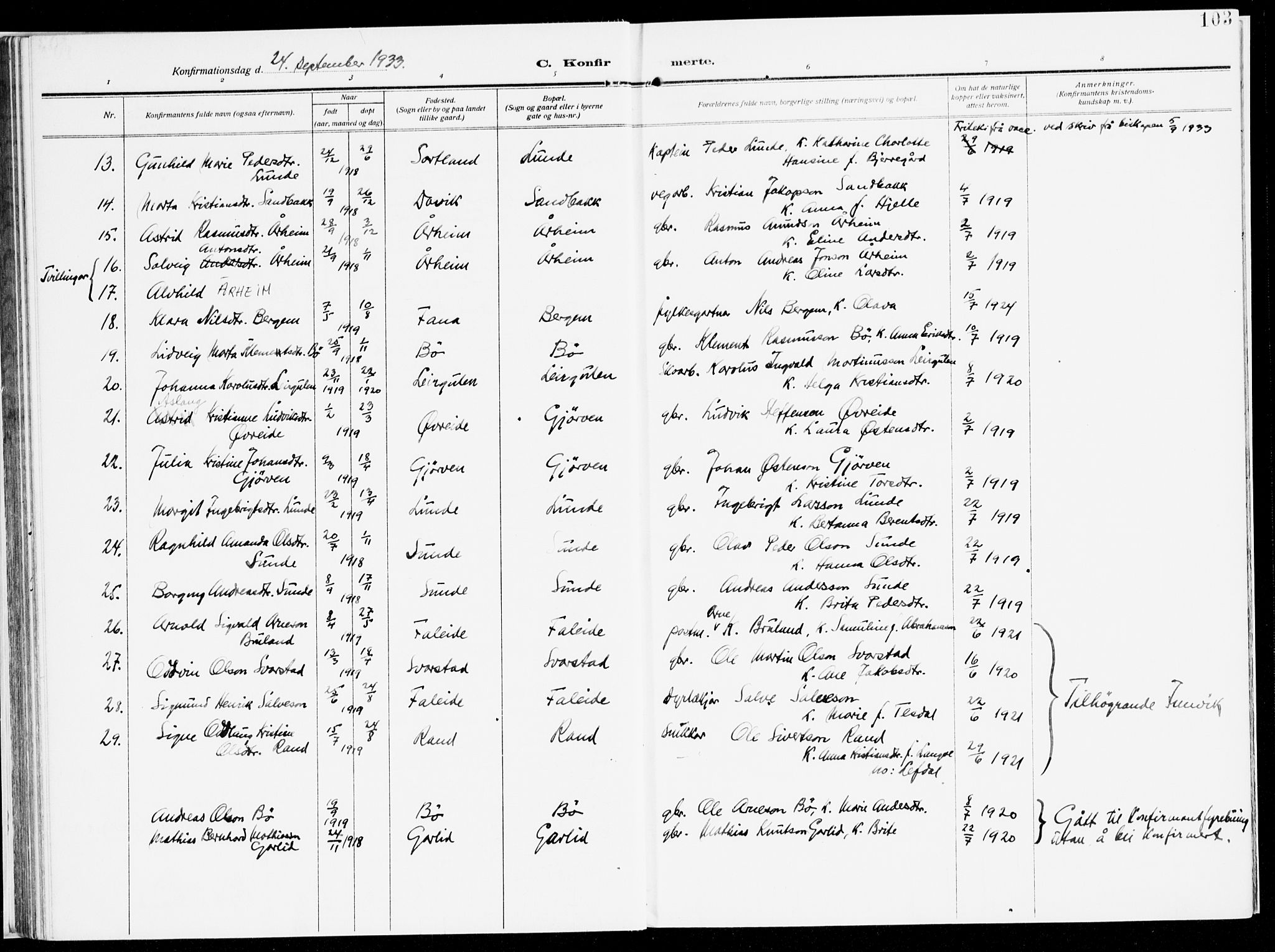 Stryn Sokneprestembete, AV/SAB-A-82501: Parish register (official) no. B 2, 1908-1936, p. 103