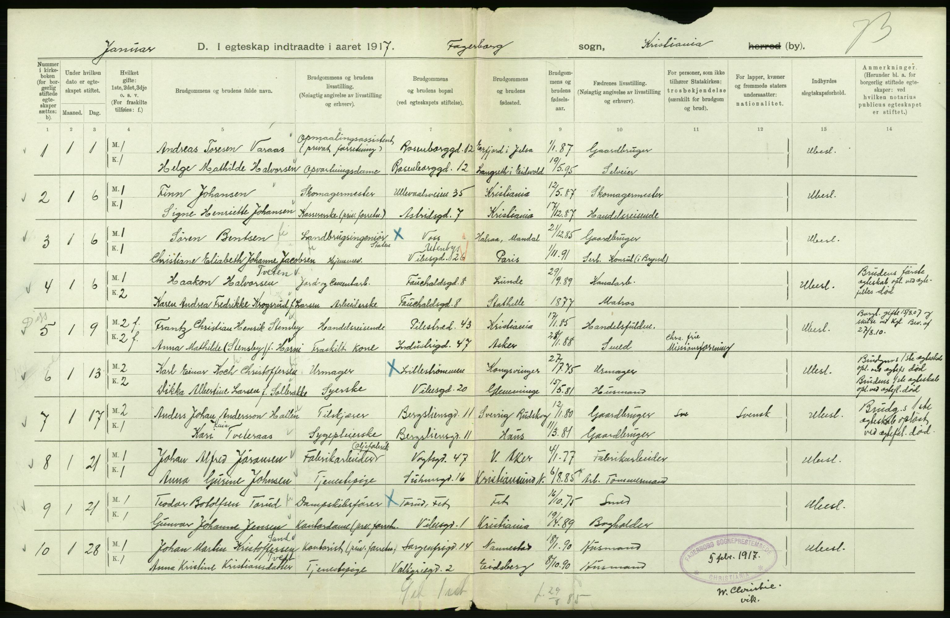 Statistisk sentralbyrå, Sosiodemografiske emner, Befolkning, AV/RA-S-2228/D/Df/Dfb/Dfbg/L0008: Kristiania: Gifte, 1917, p. 340