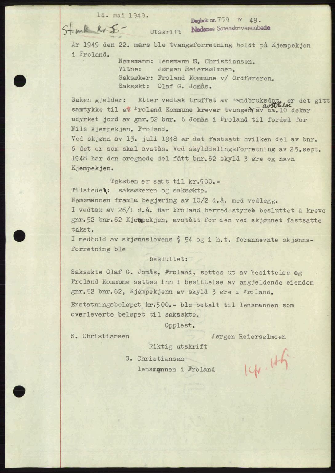 Nedenes sorenskriveri, SAK/1221-0006/G/Gb/Gba/L0060: Mortgage book no. A12, 1948-1949, Diary no: : 759/1949