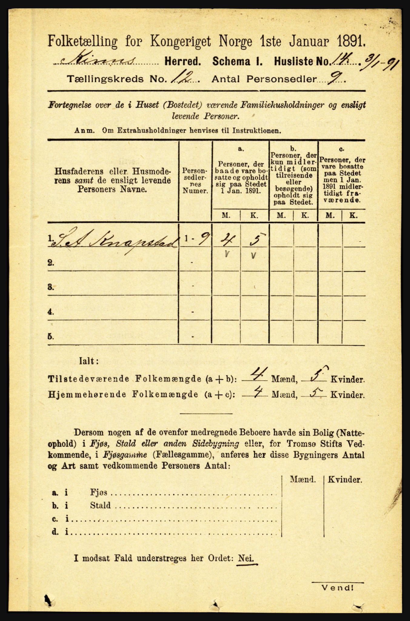 RA, 1891 census for 1437 Kinn, 1891, p. 4444