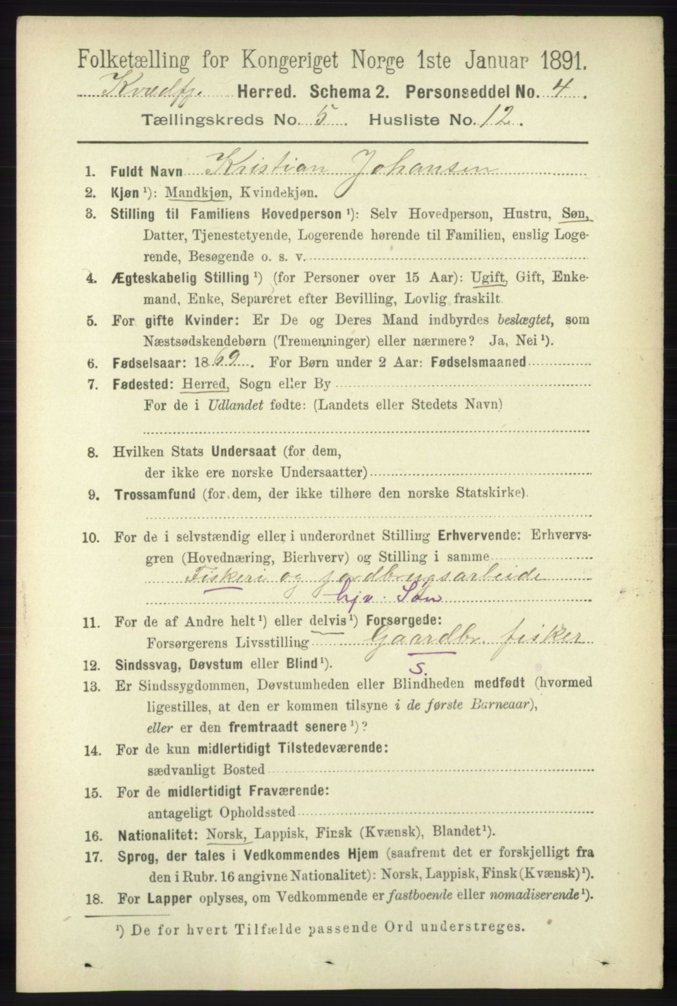 RA, 1891 census for 1911 Kvæfjord, 1891, p. 2935