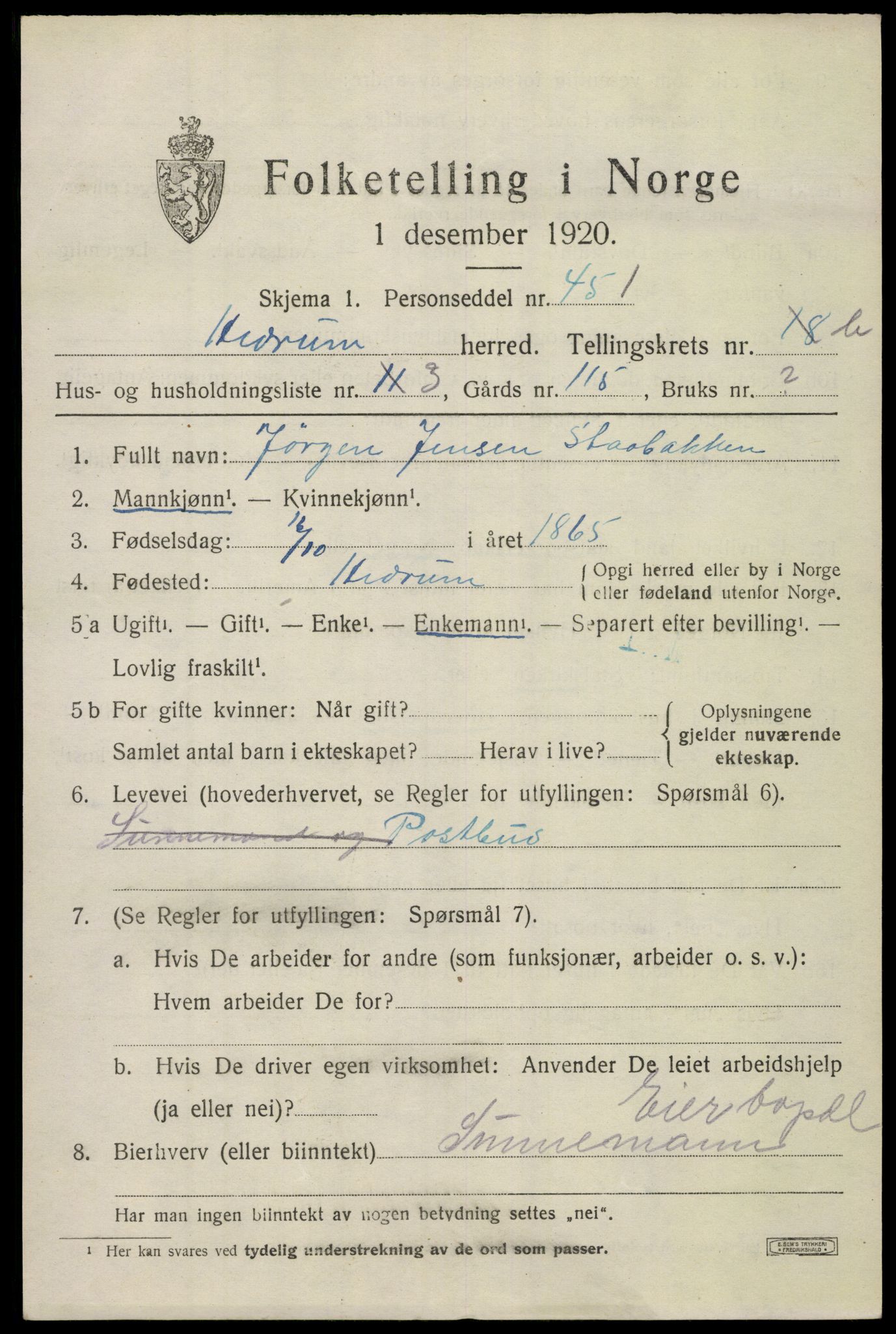 SAKO, 1920 census for Hedrum, 1920, p. 11029