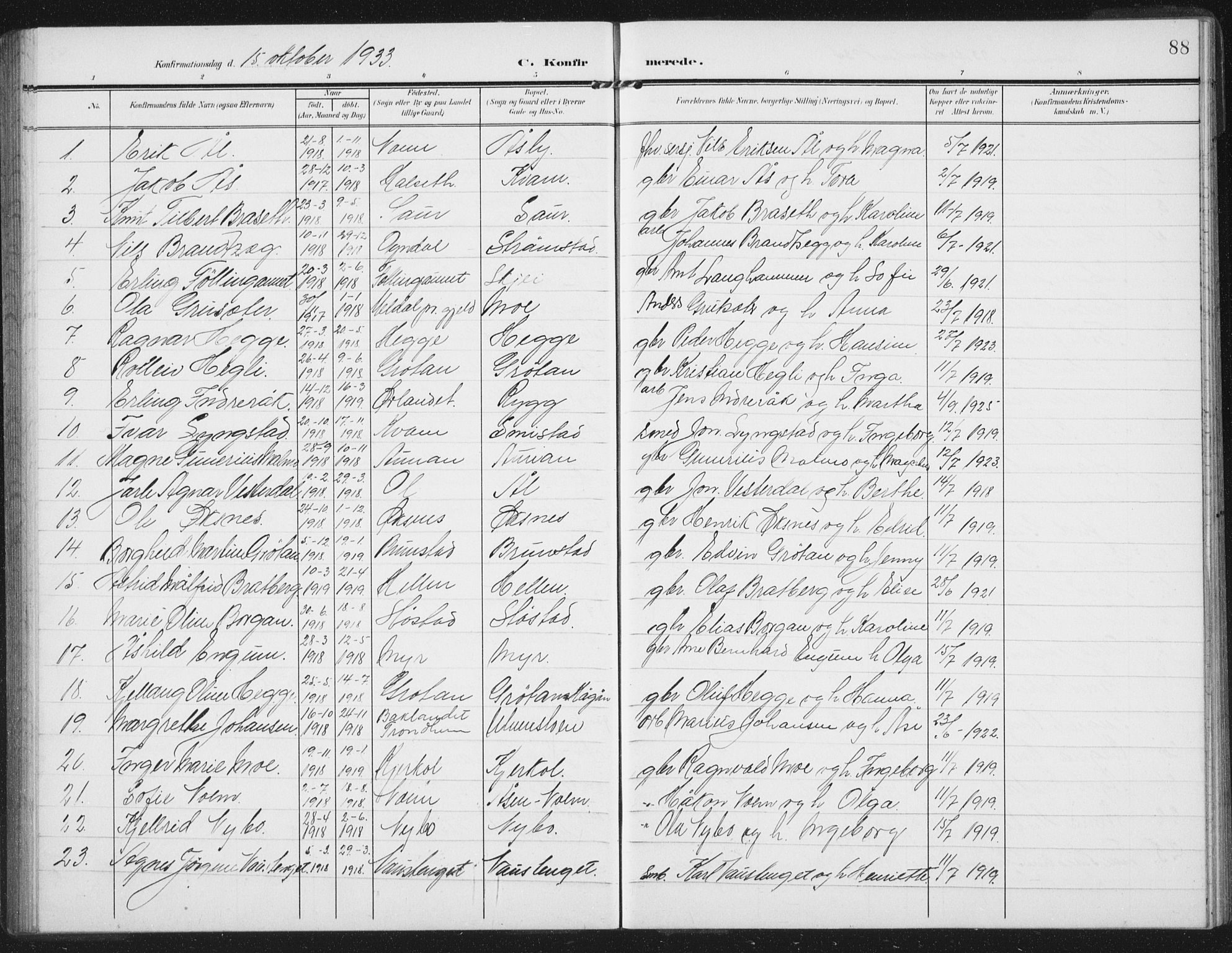 Ministerialprotokoller, klokkerbøker og fødselsregistre - Nord-Trøndelag, SAT/A-1458/747/L0460: Parish register (copy) no. 747C02, 1908-1939, p. 88