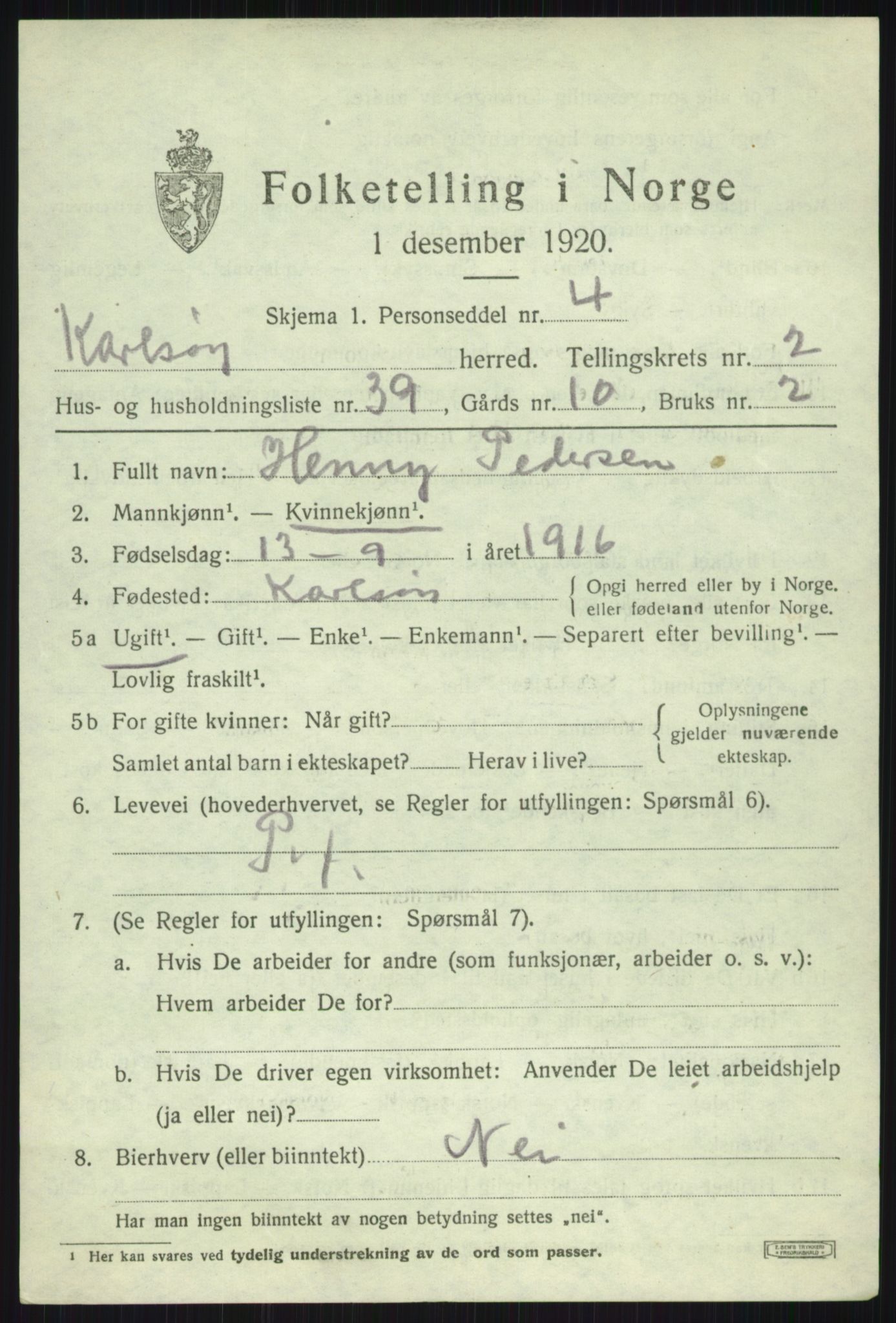 SATØ, 1920 census for Karlsøy, 1920, p. 1713