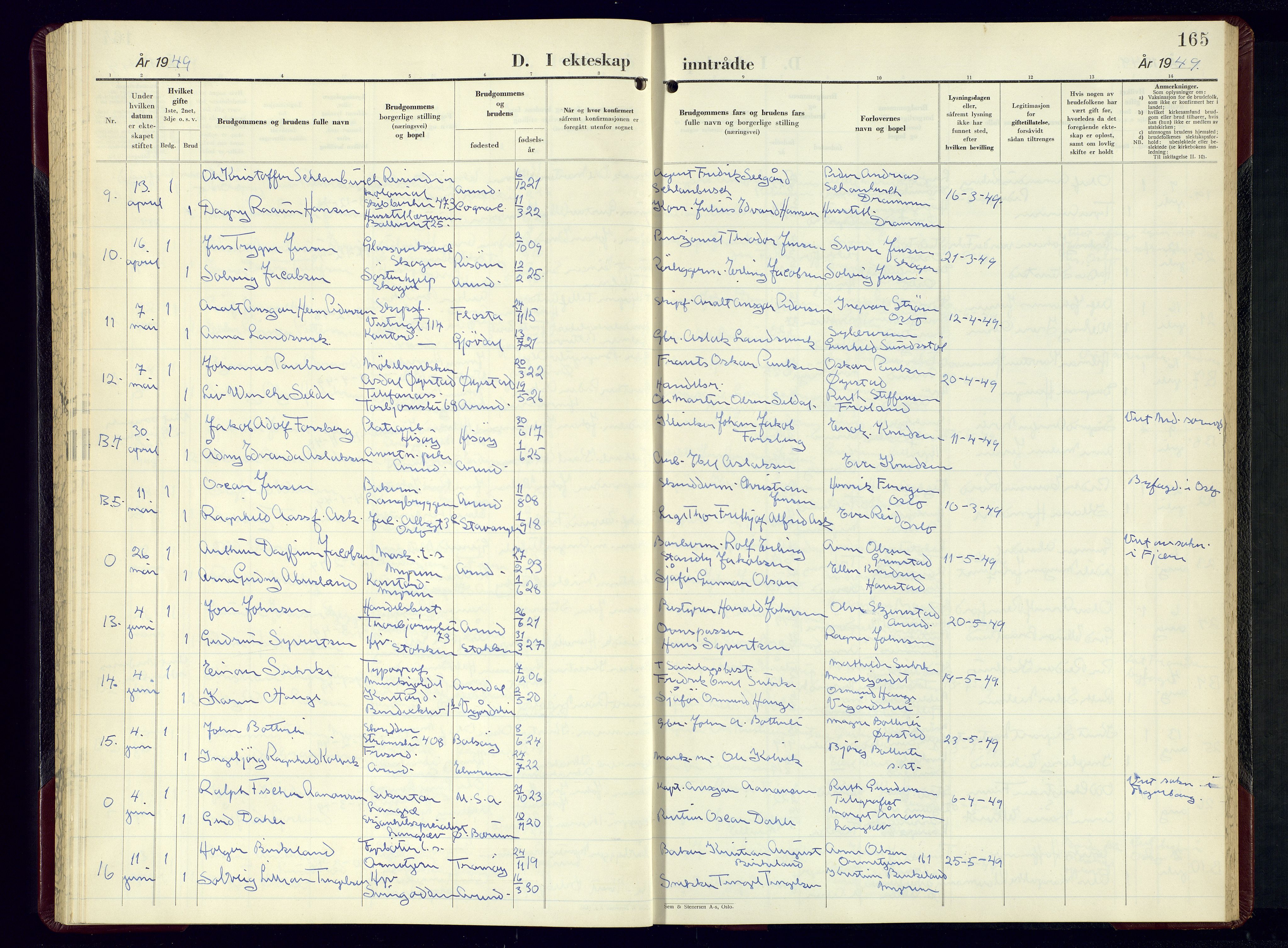 Arendal sokneprestkontor, Trefoldighet, AV/SAK-1111-0040/F/Fb/L0010: Parish register (copy) no. B-10, 1949-1960, p. 165