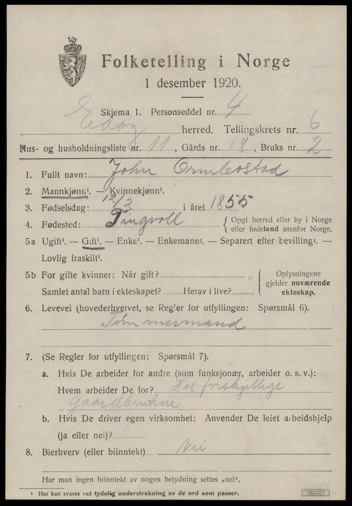 SAT, 1920 census for Edøy, 1920, p. 1898