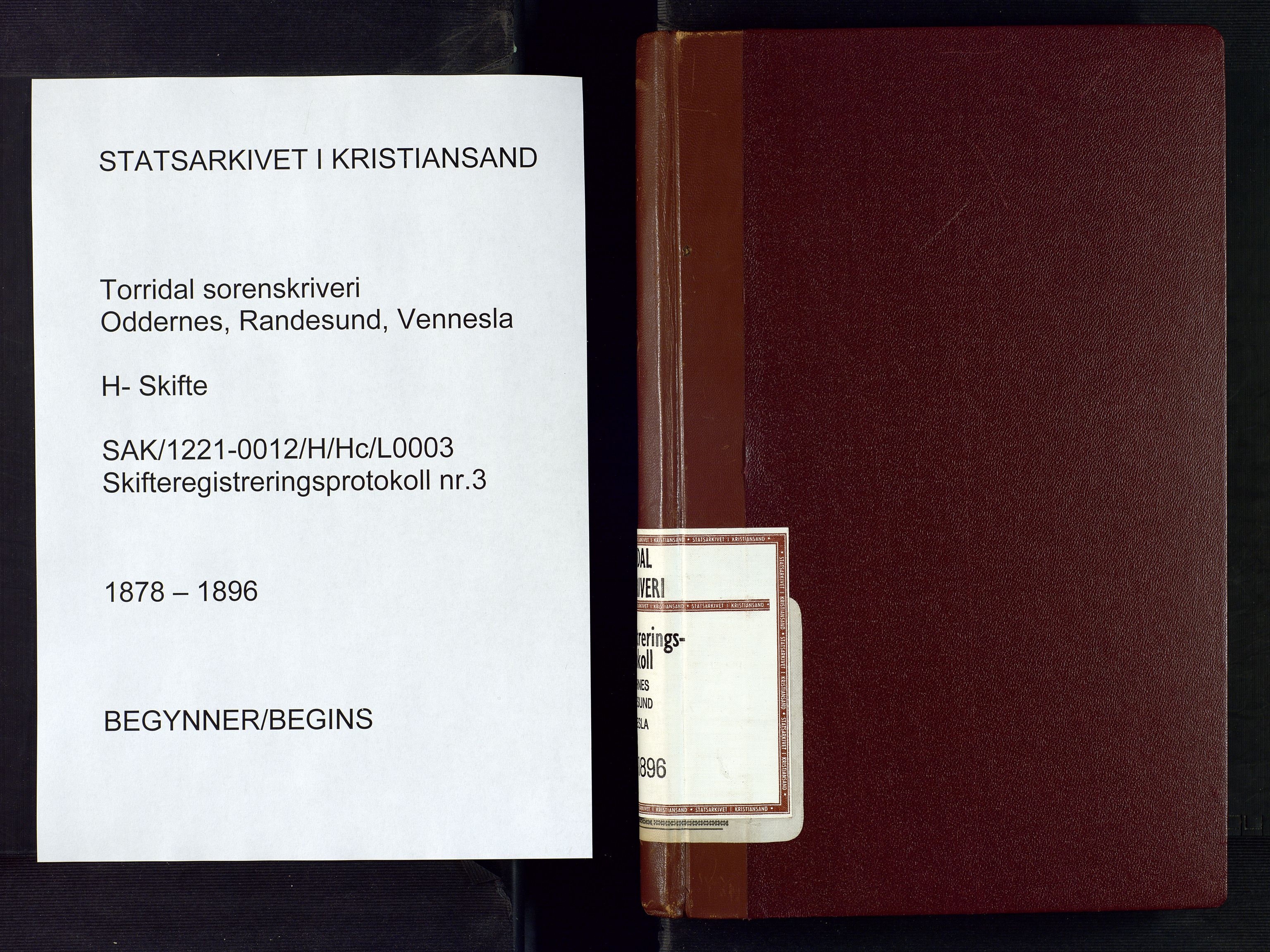 Torridal sorenskriveri, SAK/1221-0012/H/Hc/L0003: Skifteregistreringsprotokoll Oddernes, Randesund, Vennesla nr. 3, 1878-1896