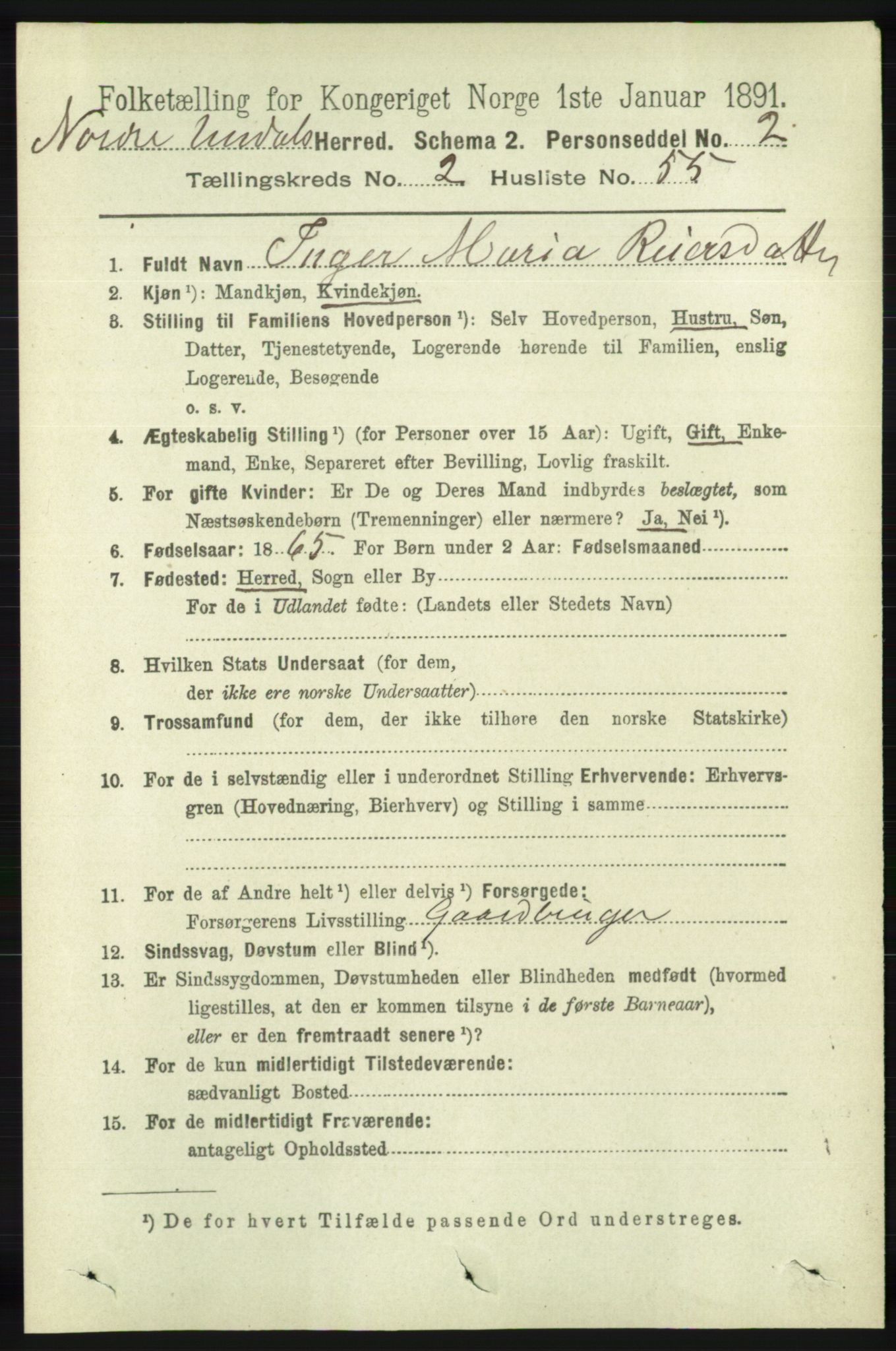 RA, 1891 census for 1028 Nord-Audnedal, 1891, p. 624