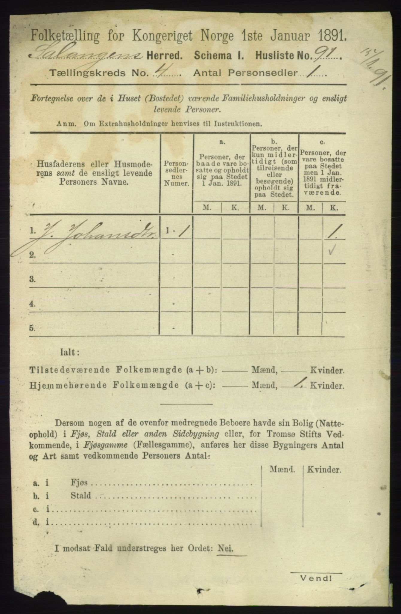 RA, 1891 census for 1921 Salangen, 1891, p. 1828