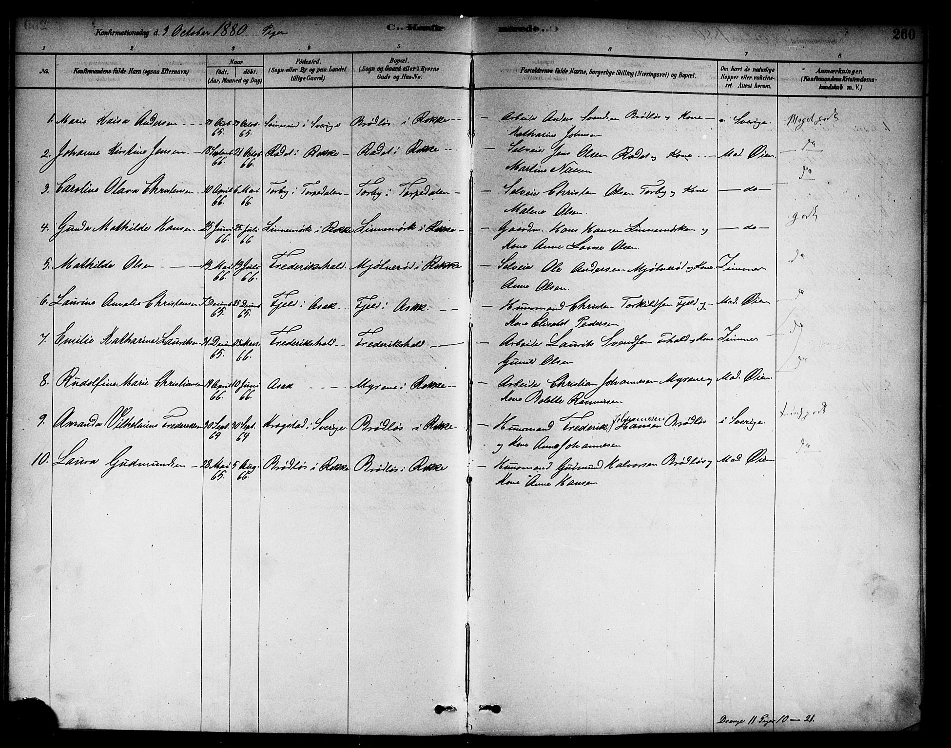 Berg prestekontor Kirkebøker, AV/SAO-A-10902/F/Fc/L0001: Parish register (official) no. III 1, 1878-1887, p. 260
