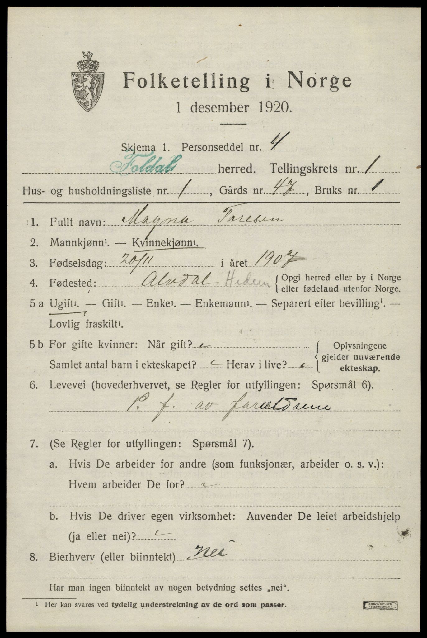 SAH, 1920 census for Folldal, 1920, p. 843