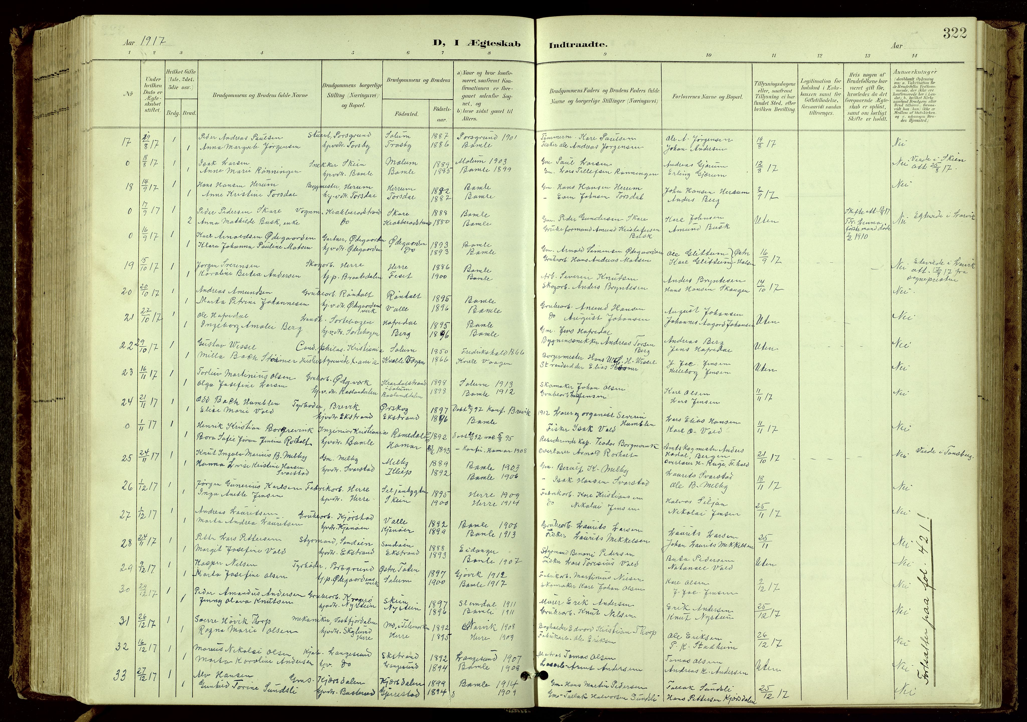 Bamble kirkebøker, SAKO/A-253/G/Ga/L0010: Parish register (copy) no. I 10, 1901-1919, p. 322
